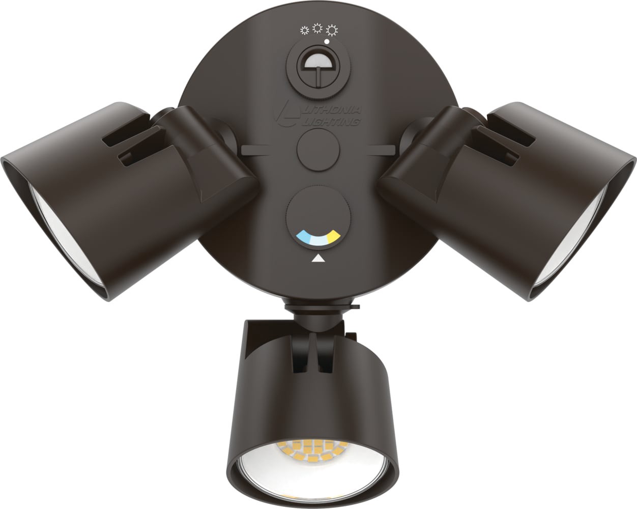 slide 5 of 6, Lithonia Lighting 150 -Watt EQ Hardwired LED Dark bronze 3 -Head Dusk-to-Dawn Flood Light 4100 -Lumen, 1 ct