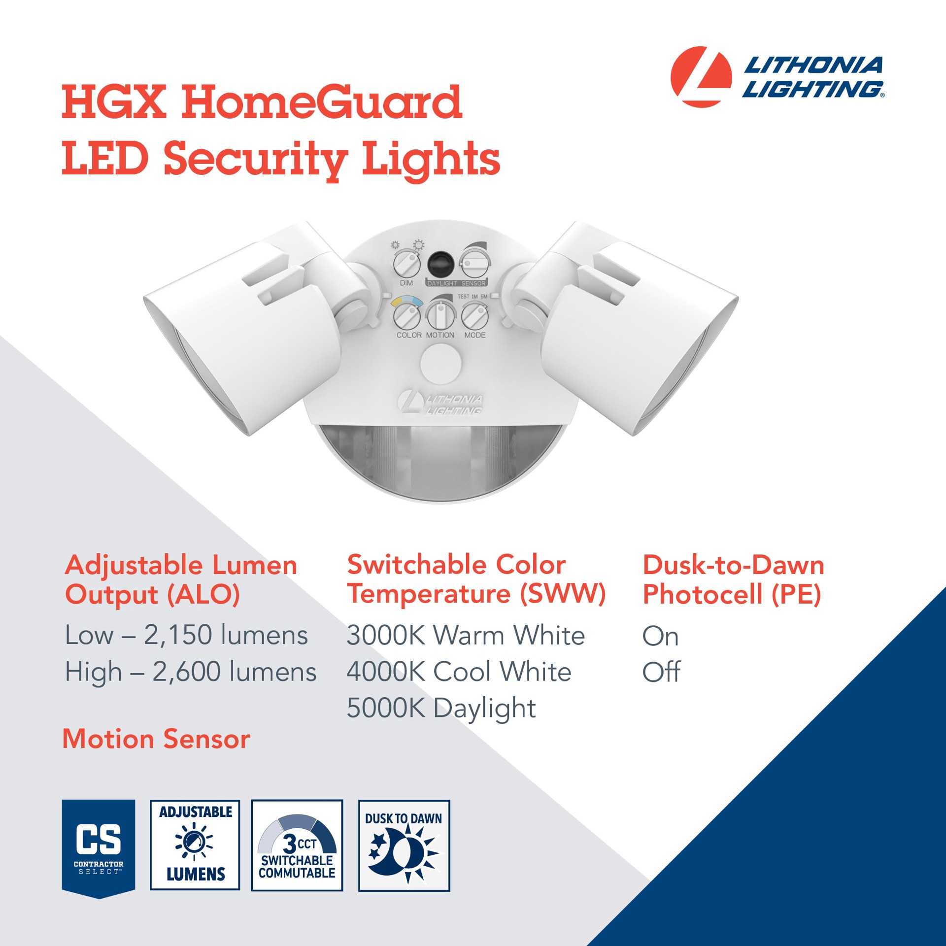 slide 3 of 6, Lithonia Lighting 150 -Watt EQ Hardwired LED White 2 -Head Dusk-to-Dawn Flood Light 2600 -Lumen, 1 ct