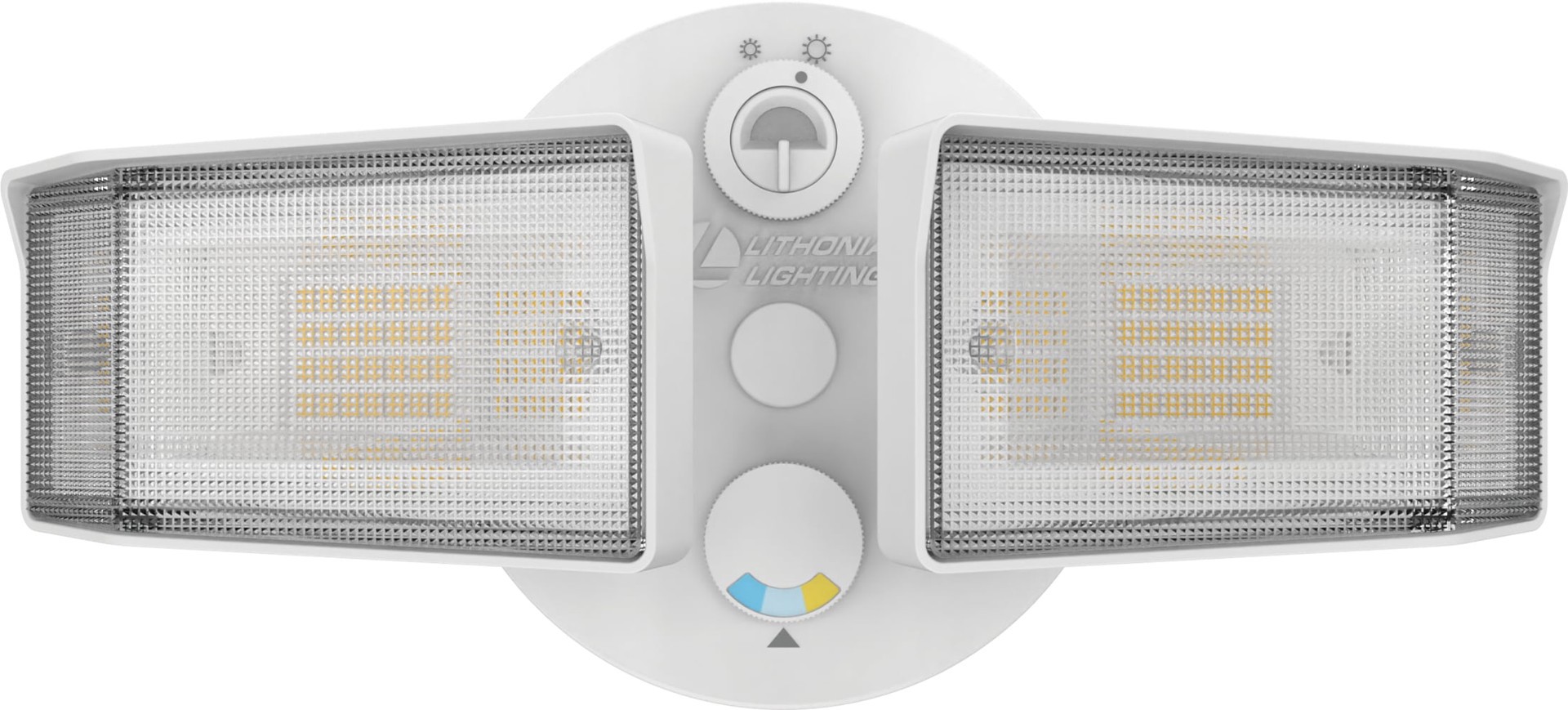 slide 6 of 6, Lithonia Lighting 150 -Watt EQ Hardwired LED White 2 -Head Dusk-to-Dawn Flood Light 2700 -Lumen, 1 ct