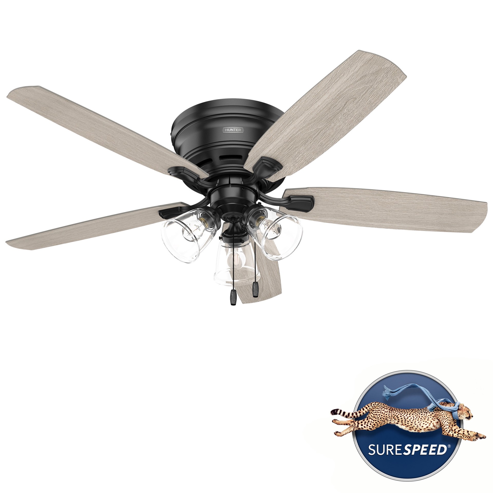 slide 4 of 6, Hunter Kennewick 52-in Matte Black with Light Gray Oak Blades Flush Mount Ceiling Fan With Light 5 -Blade, 1 ct