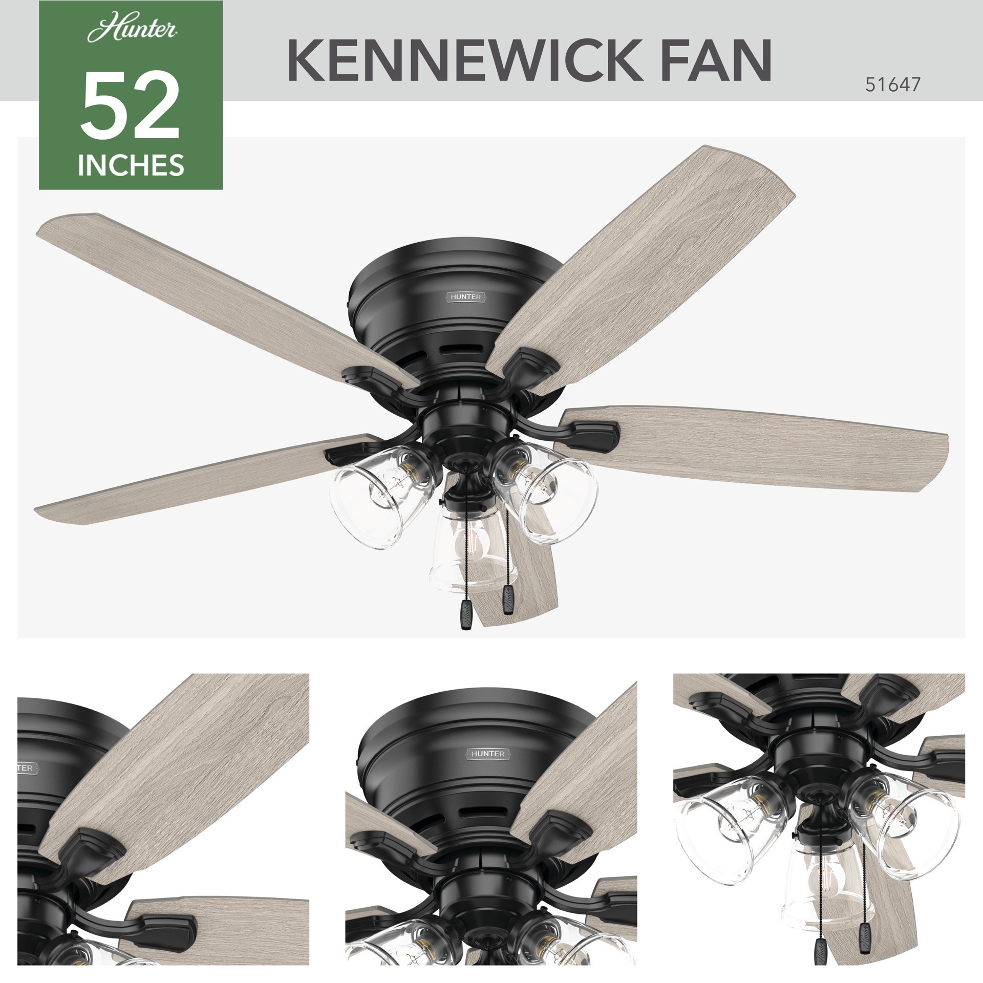 slide 6 of 6, Hunter Kennewick 52-in Matte Black with Light Gray Oak Blades Flush Mount Ceiling Fan With Light 5 -Blade, 1 ct