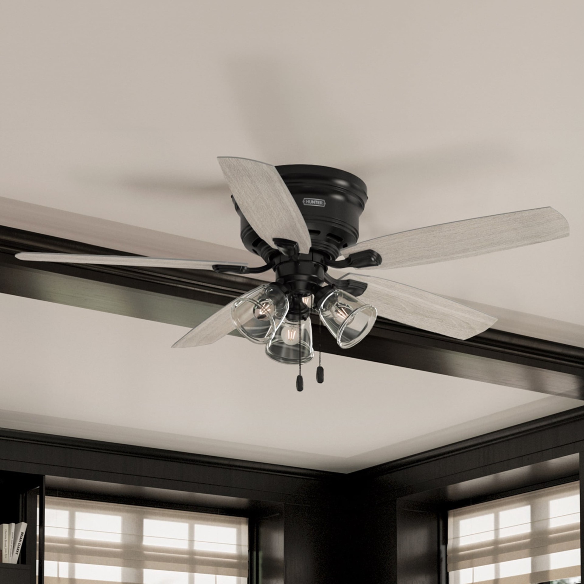 slide 1 of 6, Hunter Kennewick 52-in Matte Black with Light Gray Oak Blades Flush Mount Ceiling Fan With Light 5 -Blade, 1 ct