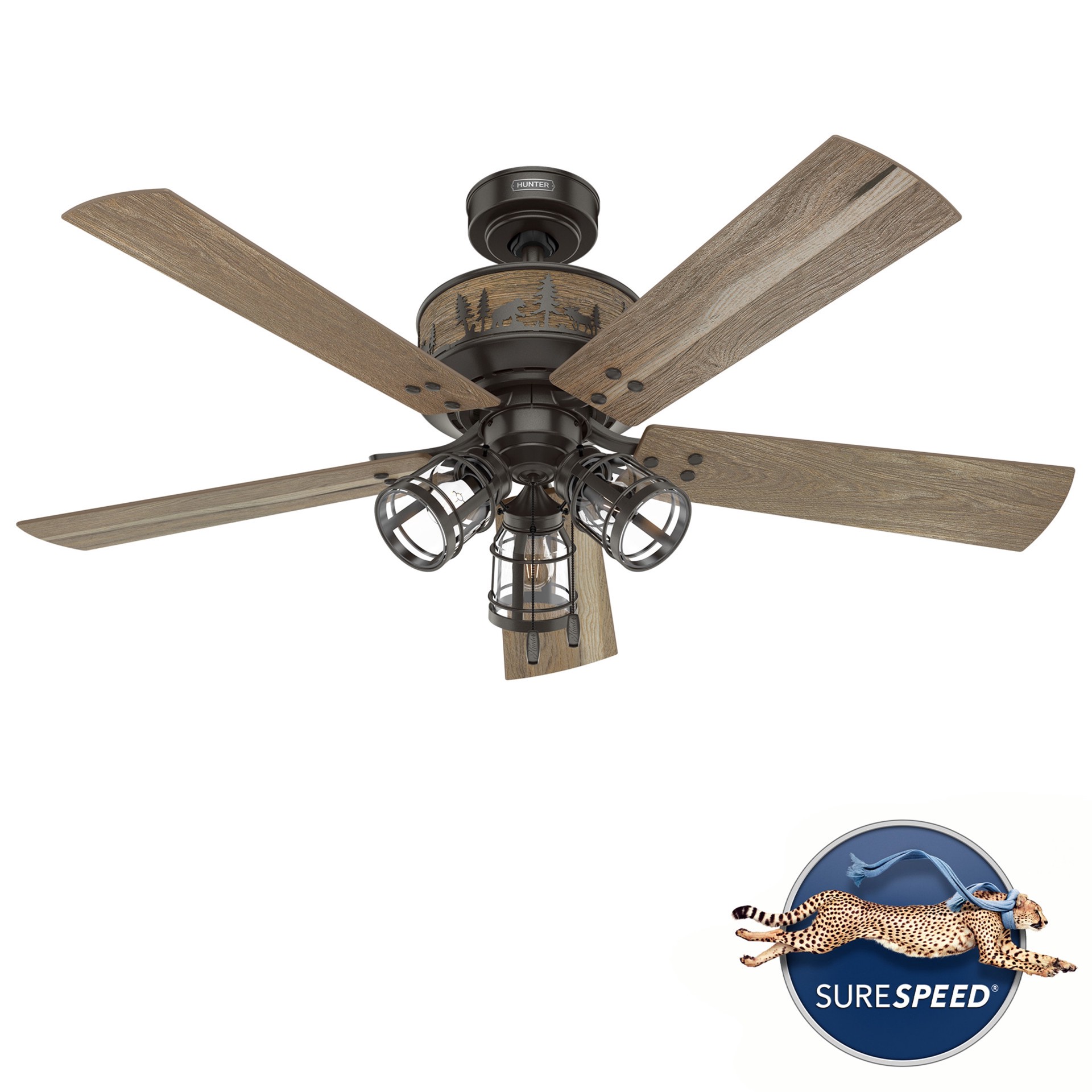 slide 4 of 6, Hunter Mt. Hickory SureSpeed 52-in Noble Bronze with Aged Oak Blades Ceiling Fan With Light 5 -Blade, 1 ct
