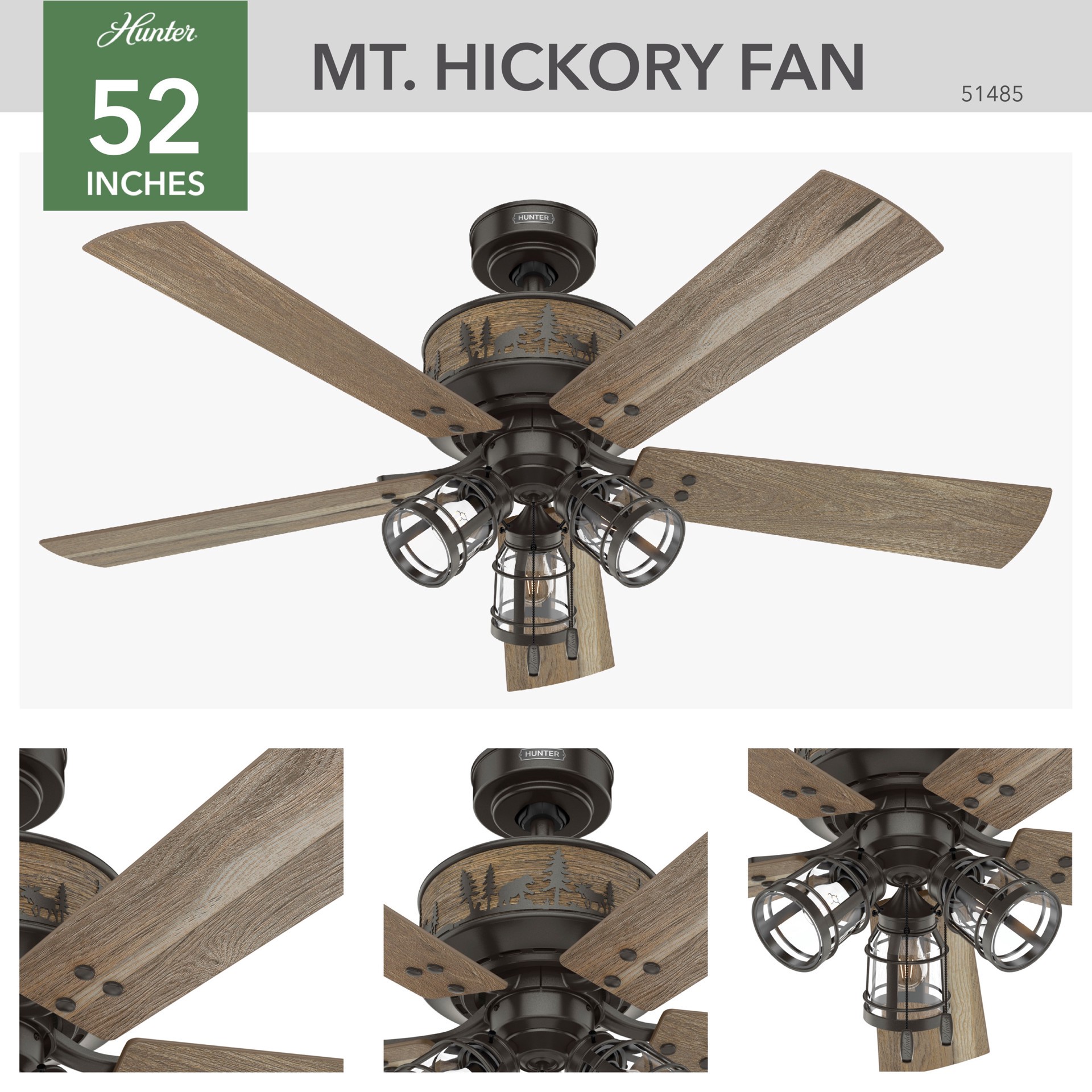 slide 6 of 6, Hunter Mt. Hickory SureSpeed 52-in Noble Bronze with Aged Oak Blades Ceiling Fan With Light 5 -Blade, 1 ct