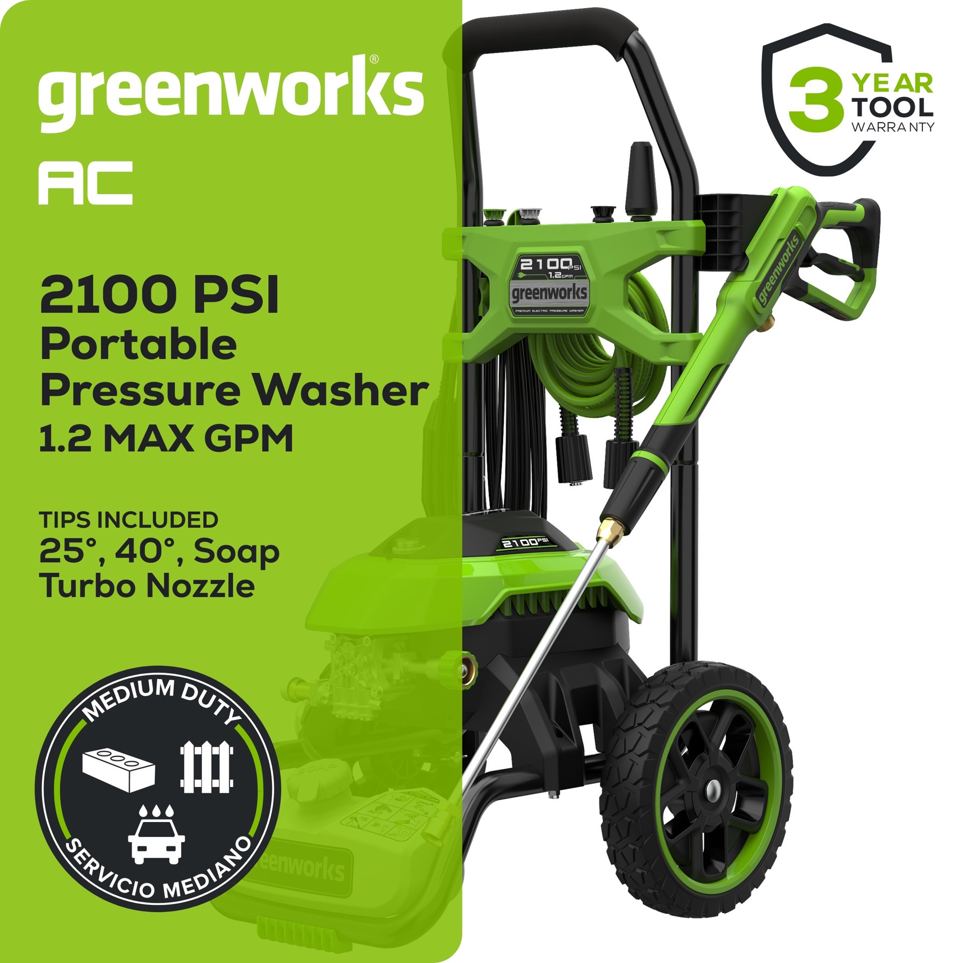 slide 3 of 6, Greenworks 2100-PSI 1.2-GPM Cold Water Electric Pressure washer with 4-in Spray Tips, 1 ct