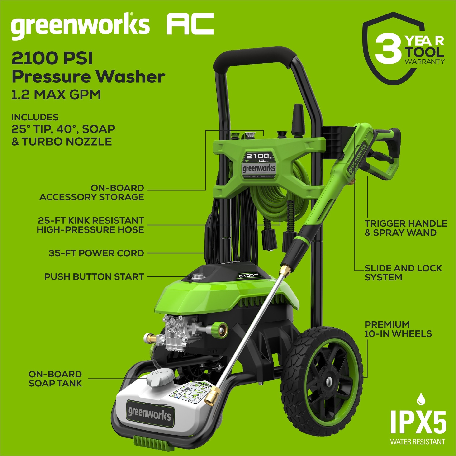 slide 4 of 6, Greenworks 2100-PSI 1.2-GPM Cold Water Electric Pressure washer with 4-in Spray Tips, 1 ct