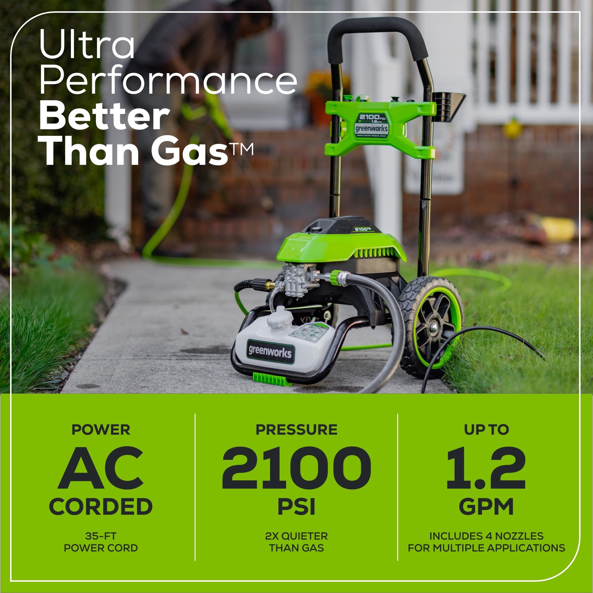 slide 5 of 6, Greenworks 2100-PSI 1.2-GPM Cold Water Electric Pressure washer with 4-in Spray Tips, 1 ct