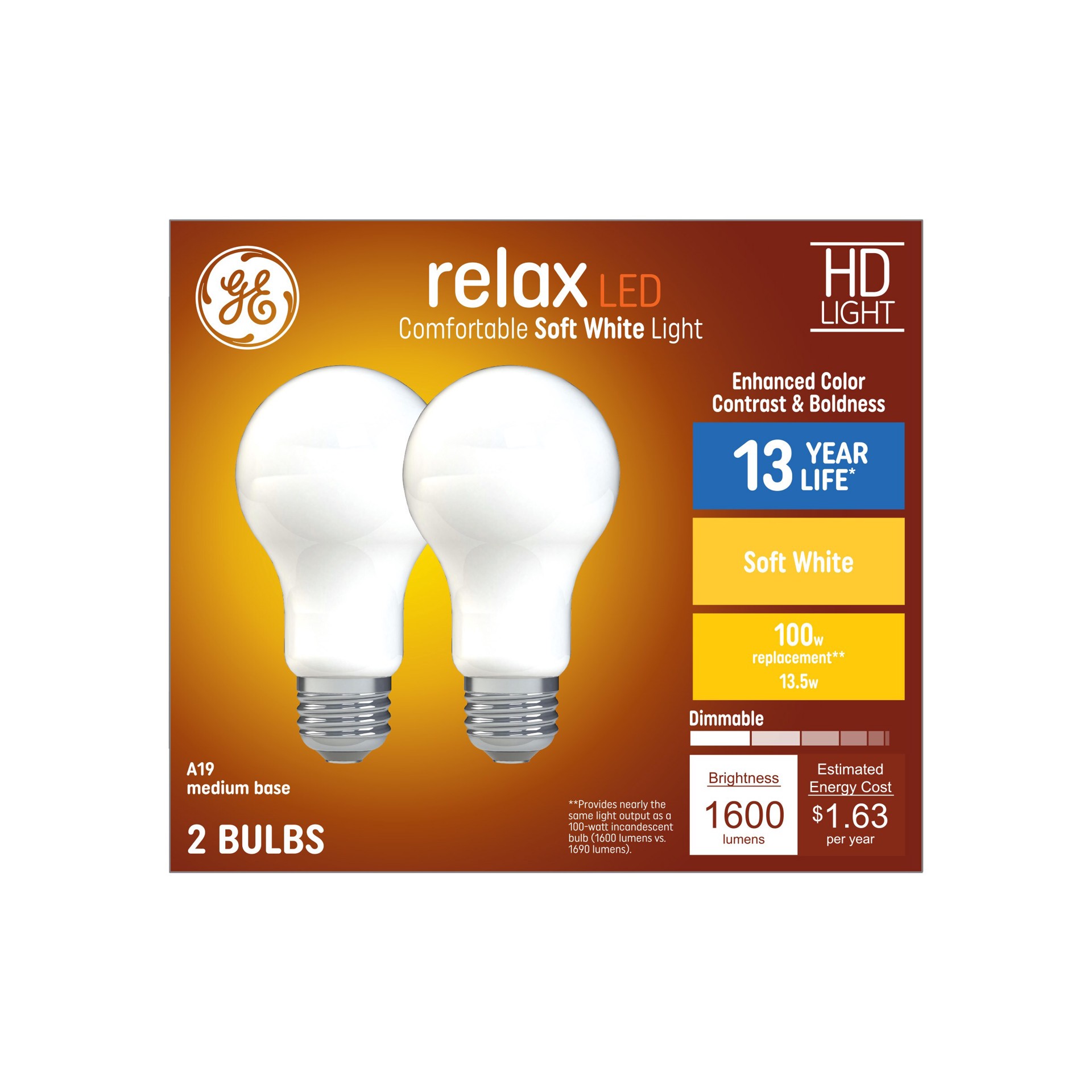 slide 4 of 6, GE Relax HD 100 -Watt EQ A19 Soft white Medium base (E-26) Dimmable LED General purpose Light Bulb 2 -Pack, 1 ct