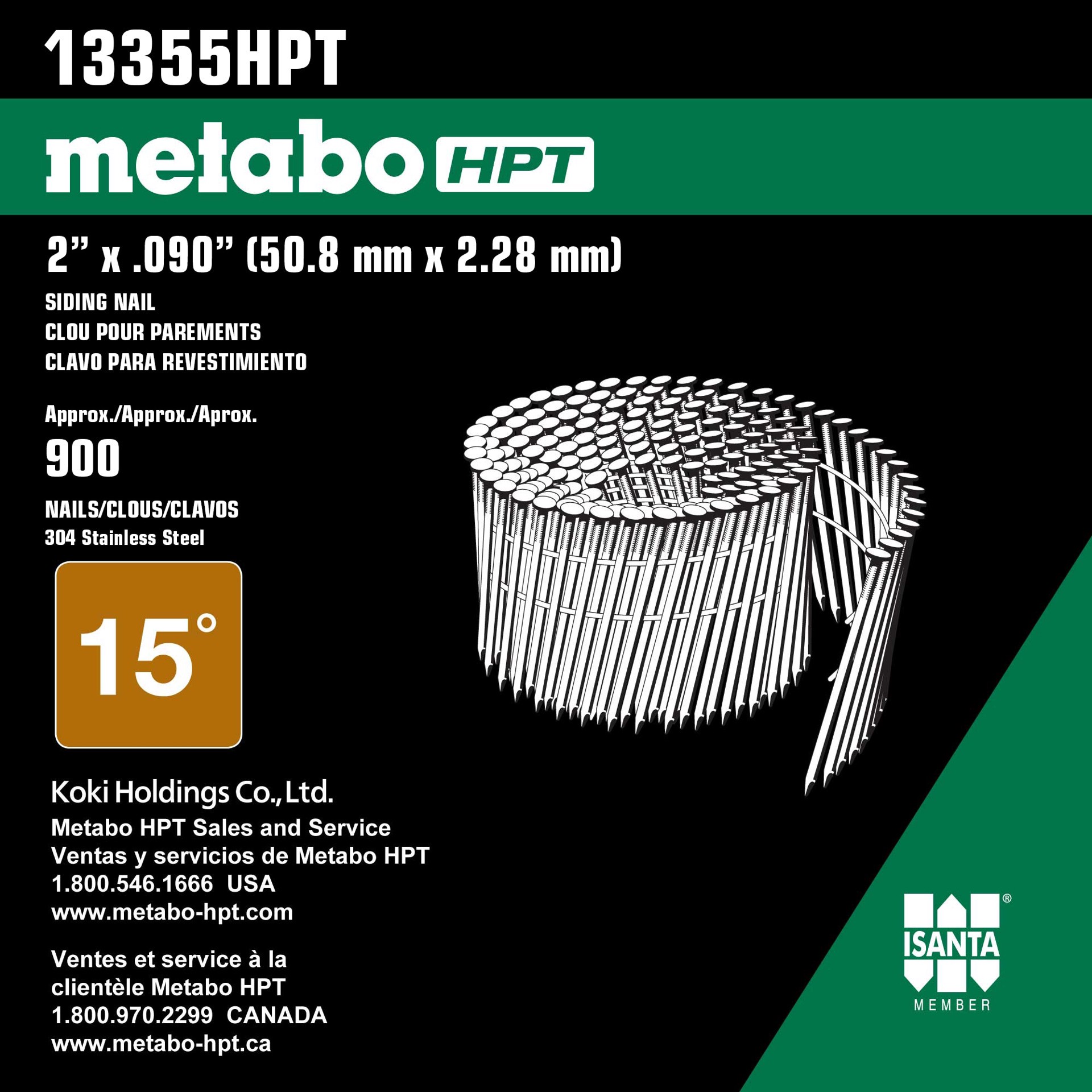 slide 3 of 5, Metabo HPT 2-in 15 -Degree Stainless steel Ring Shank Wire Collated Siding Nails 900 -Per Box, 1 ct