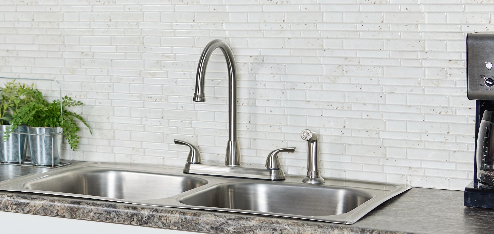 slide 5 of 6, Project Source Everfield Stainless steel Double Handle Deck-mount Kitchen Faucet (Includes Deck Plate) (Includes Side Sprayer), 1 ct