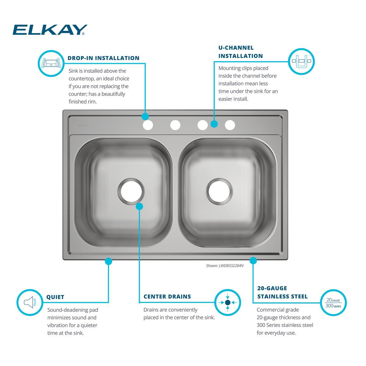 slide 4 of 6, Elkay Dayton Drop-in 33-in x 22-in Stainless steel Double equal bowl 20 -Gauge Kitchen Sink, 1 ct