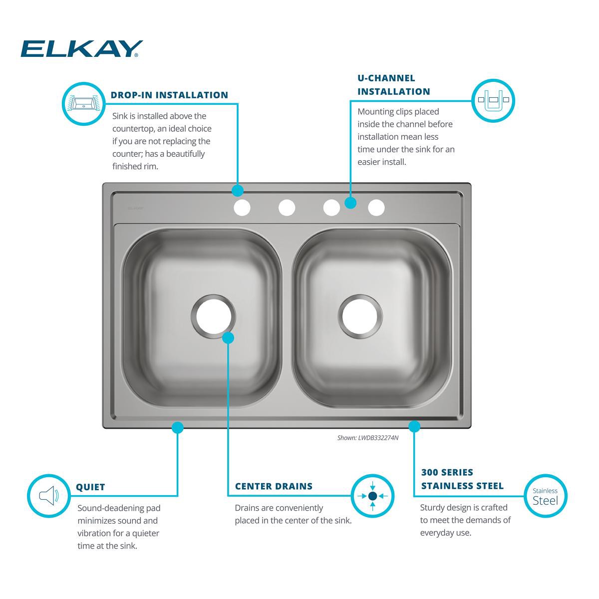 slide 4 of 6, Elkay Dayton Drop-in 33-in x 22-in Stainless steel Double equal bowl 22 -Gauge Kitchen Sink, 1 ct