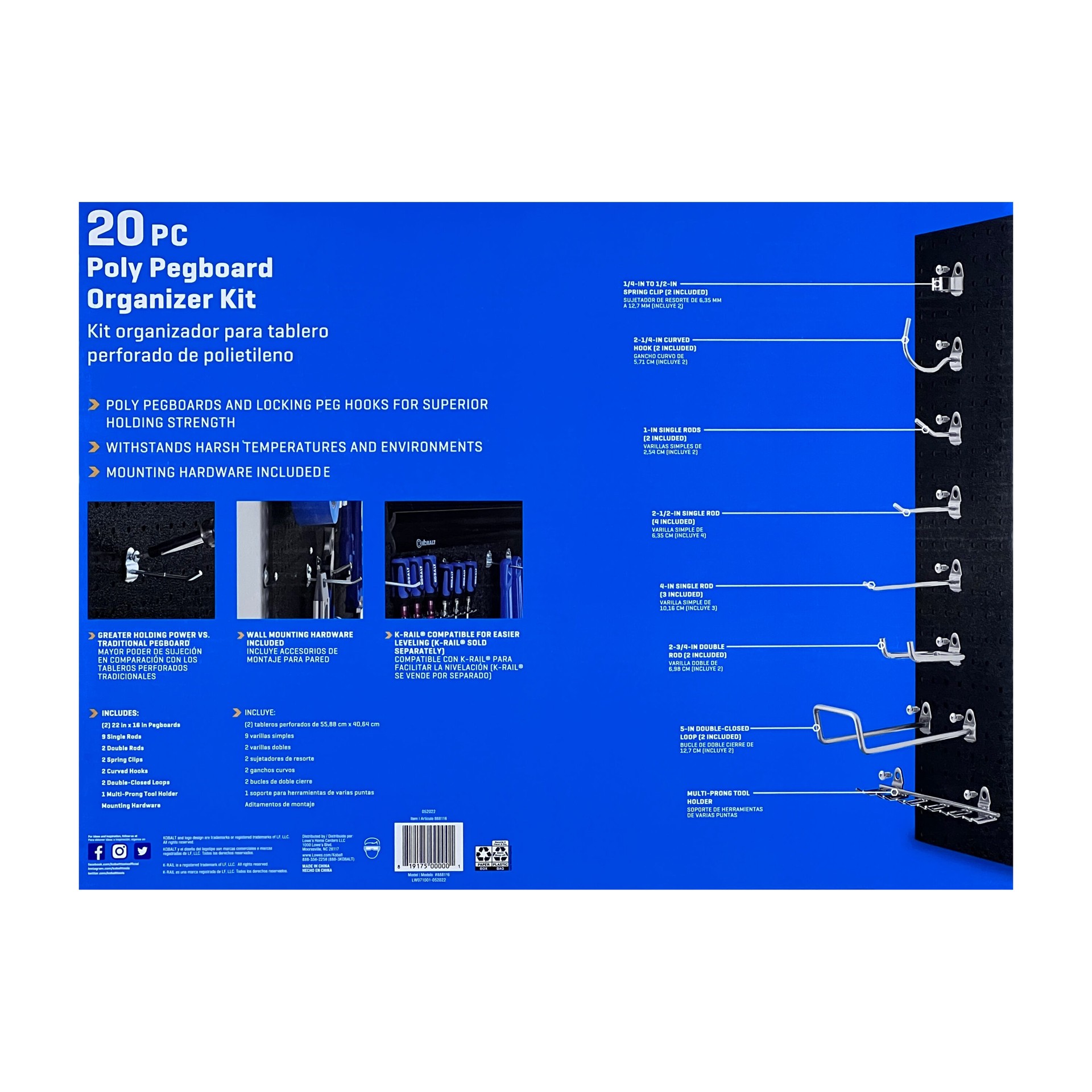 slide 4 of 4, Kobalt 20 -Piece Polypropylene Pegboard kit in Black 22-in W x 16-in H, 1 ct