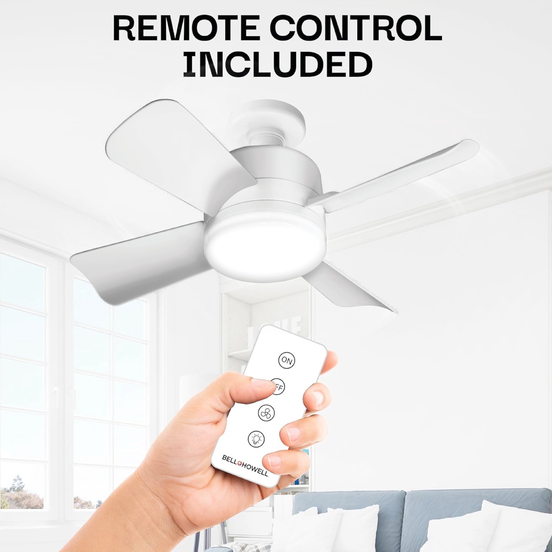 slide 4 of 6, BELL + HOWELL Socket Fan 15.7-in White with White Blades Flush Mount Ceiling Fan With Light 4 -Blade, 1 ct