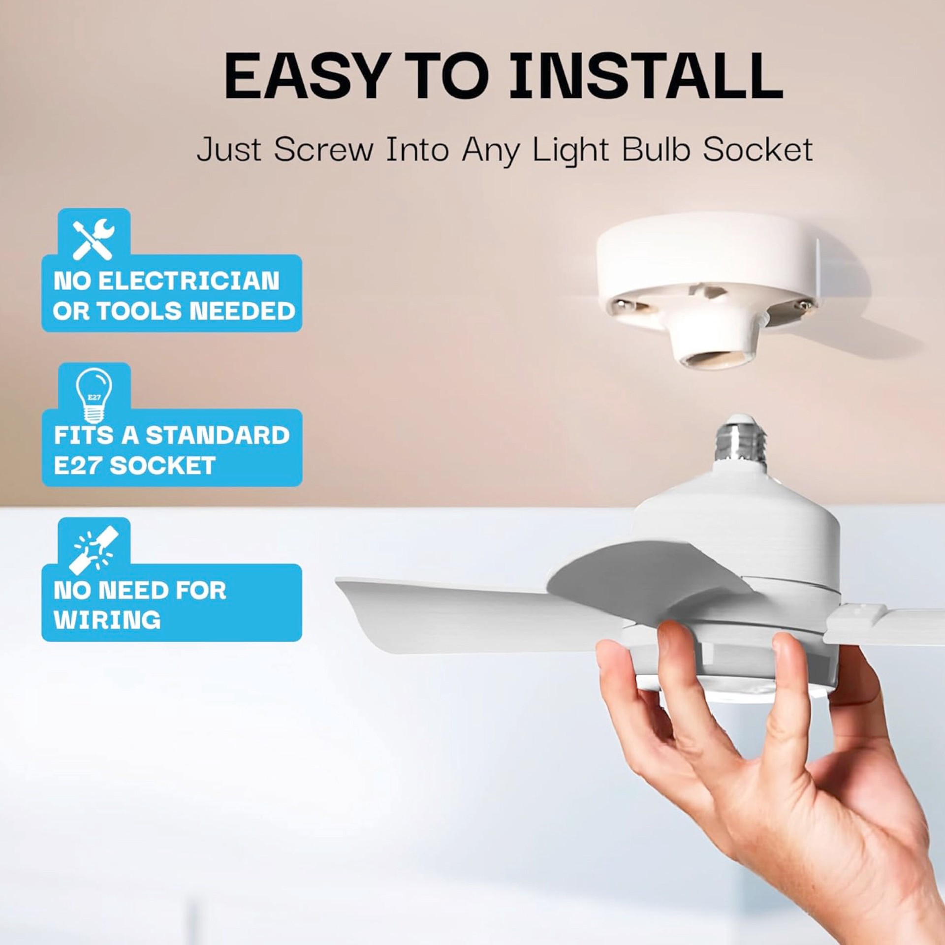 slide 5 of 6, BELL + HOWELL Socket Fan 15.7-in White with White Blades Flush Mount Ceiling Fan With Light 4 -Blade, 1 ct