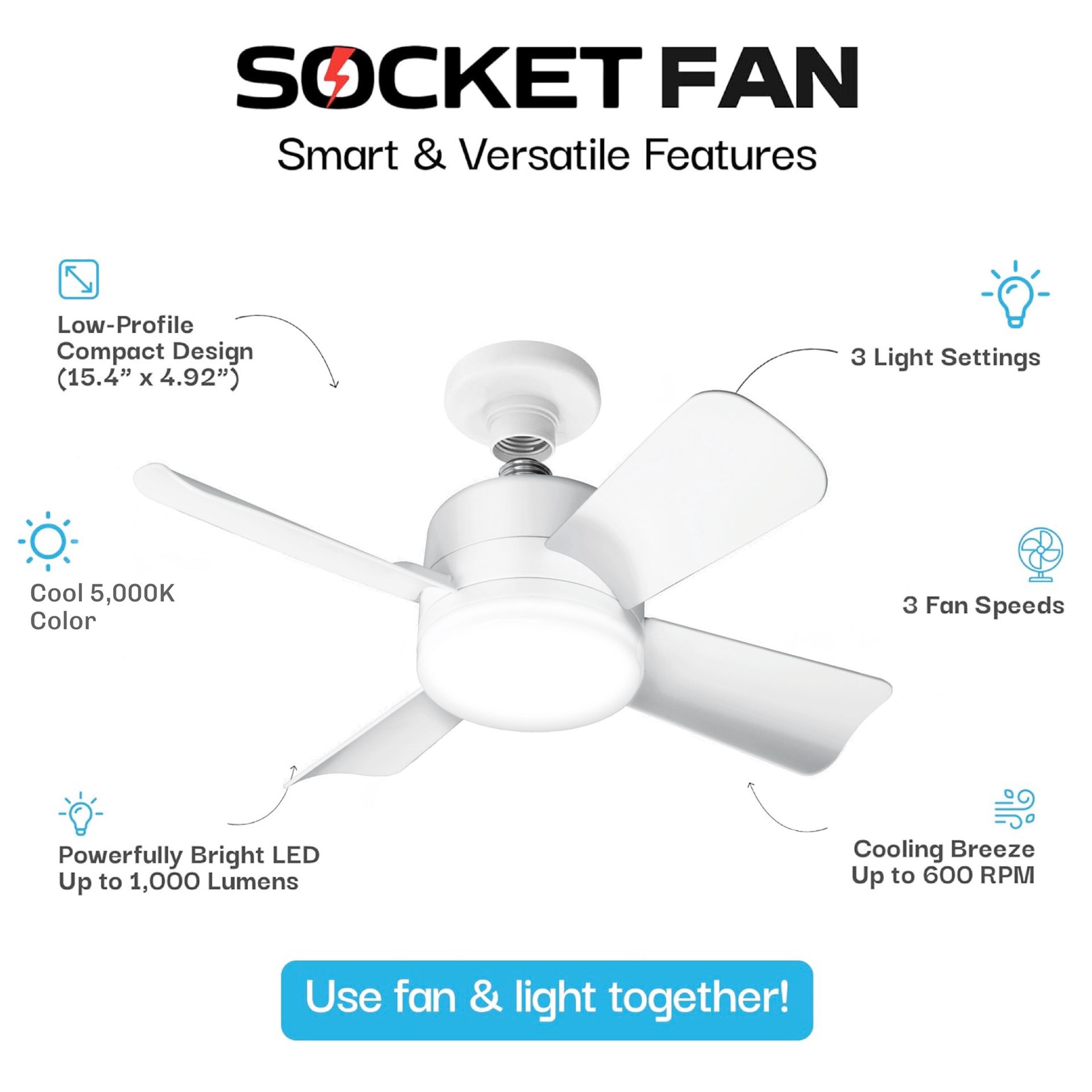 slide 6 of 6, BELL + HOWELL Socket Fan 15.7-in White with White Blades Flush Mount Ceiling Fan With Light 4 -Blade, 1 ct