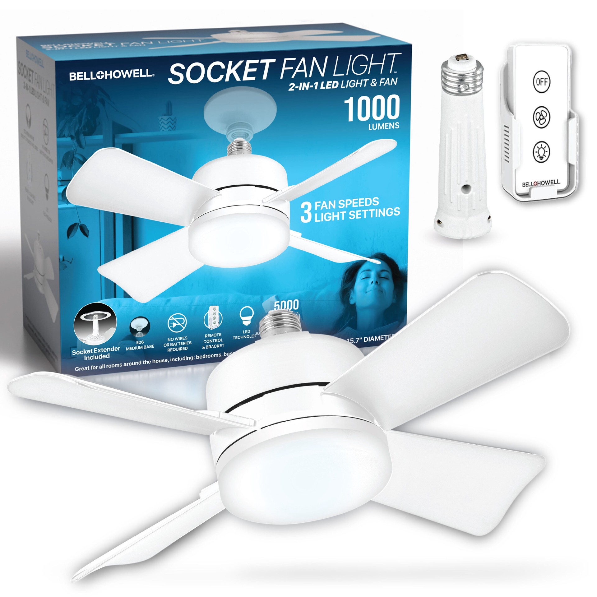 slide 1 of 6, BELL + HOWELL Socket Fan 15.7-in White with White Blades Flush Mount Ceiling Fan With Light 4 -Blade, 1 ct