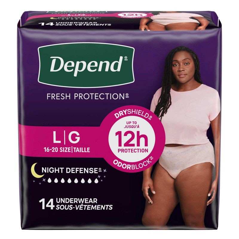 slide 2 of 9, Depend Night Defense Adult Incontinence Underwear for Women - Overnight Absorbency - L - Blush - 14ct, 14 ct