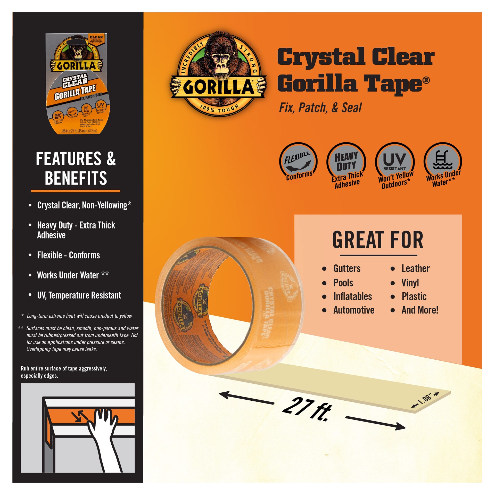slide 3 of 6, Gorilla Clear Repair Clear Duct Tape 1.88-in x 27 Feet, 1 ct