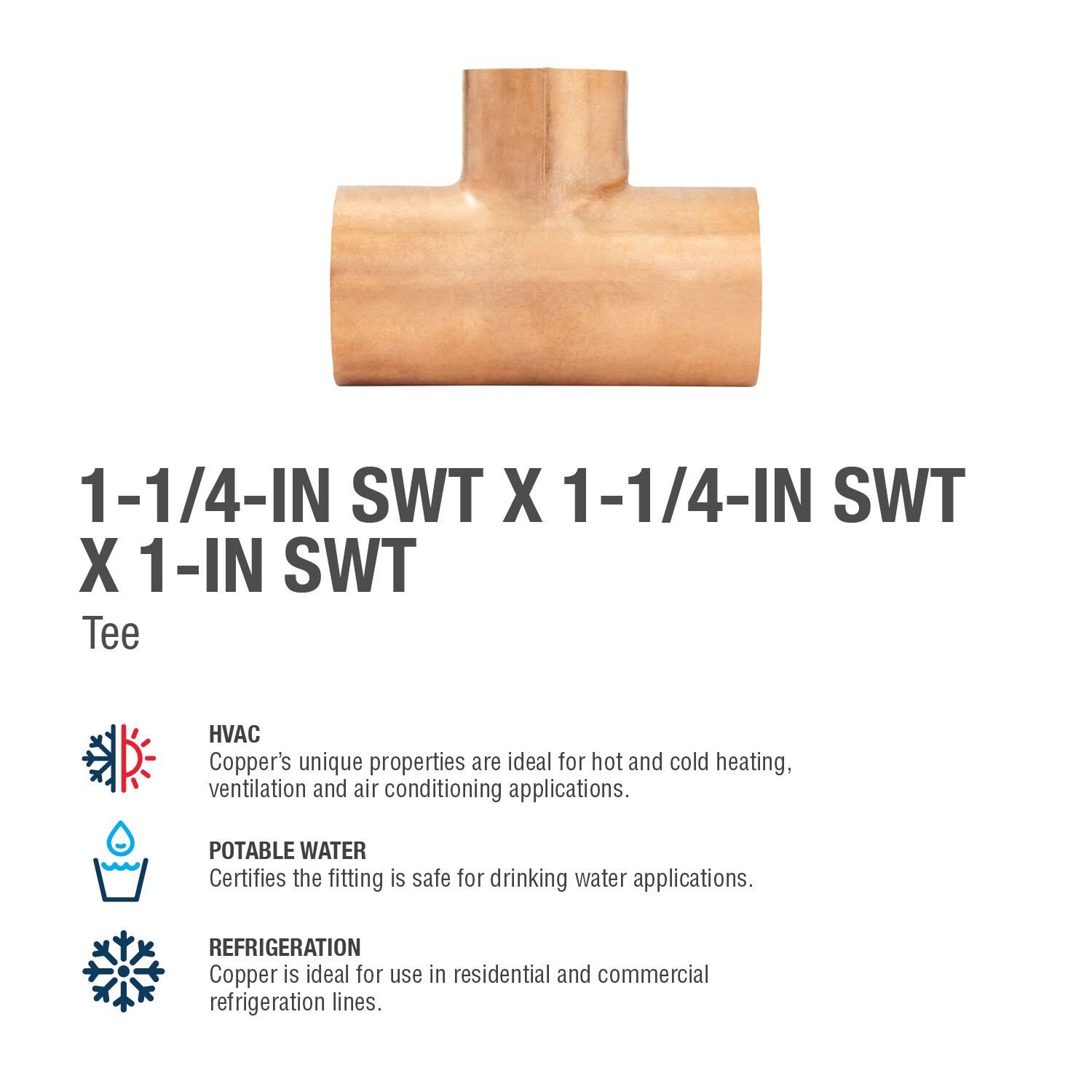 slide 4 of 6, Streamline 1-1/4-in x 1-1/4-in x 1-in Copper Reducing Tee, 1 ct