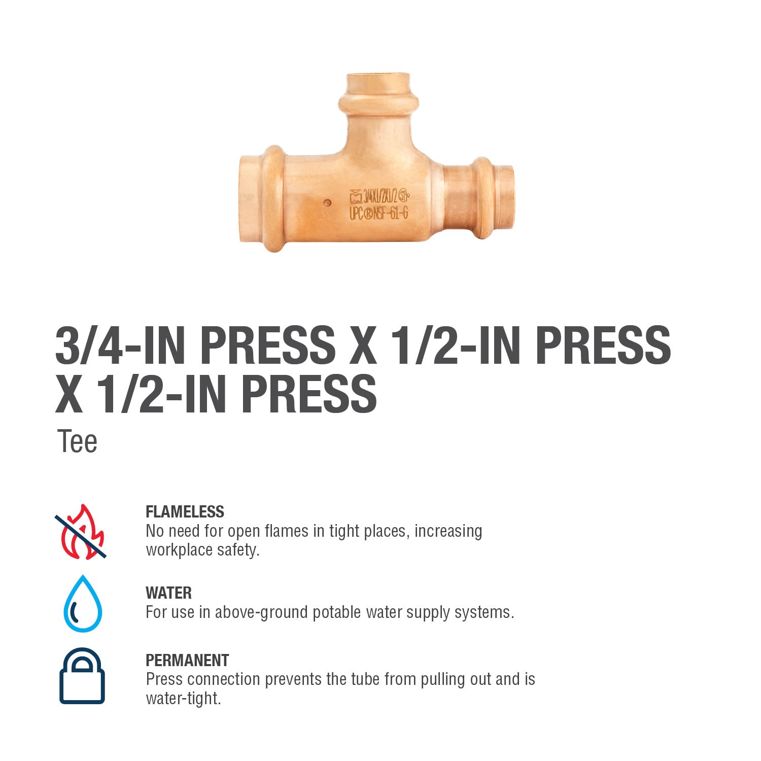 slide 4 of 6, Streamline 3/4-in x 1/2-in x 1/2-in Copper Press Reducing Tee, 1 ct