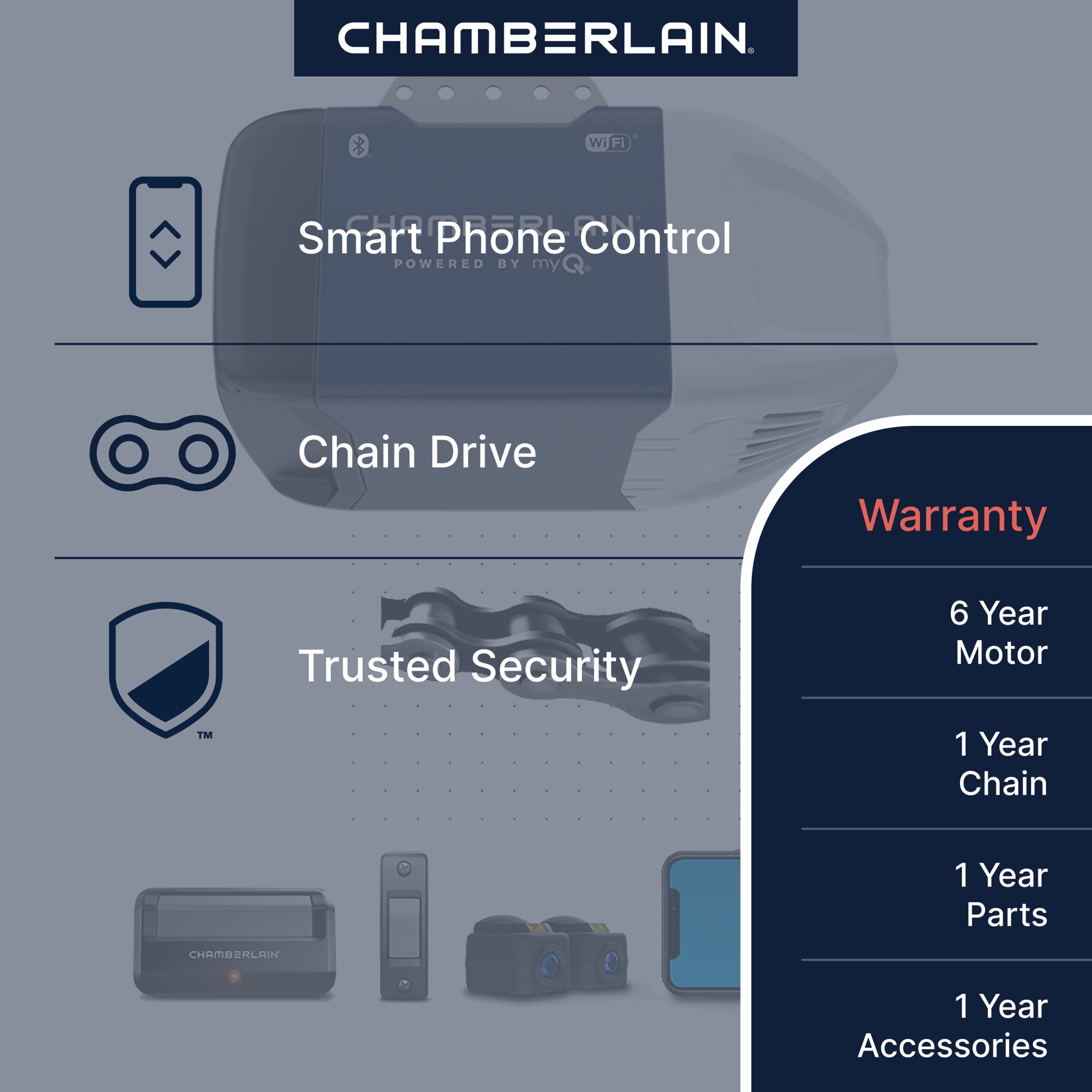 slide 2 of 6, Chamberlain 1/2 HP myQ Smart Compatible Chain drive Garage Door Opener Wi-Fi Compatibility, 1 ct