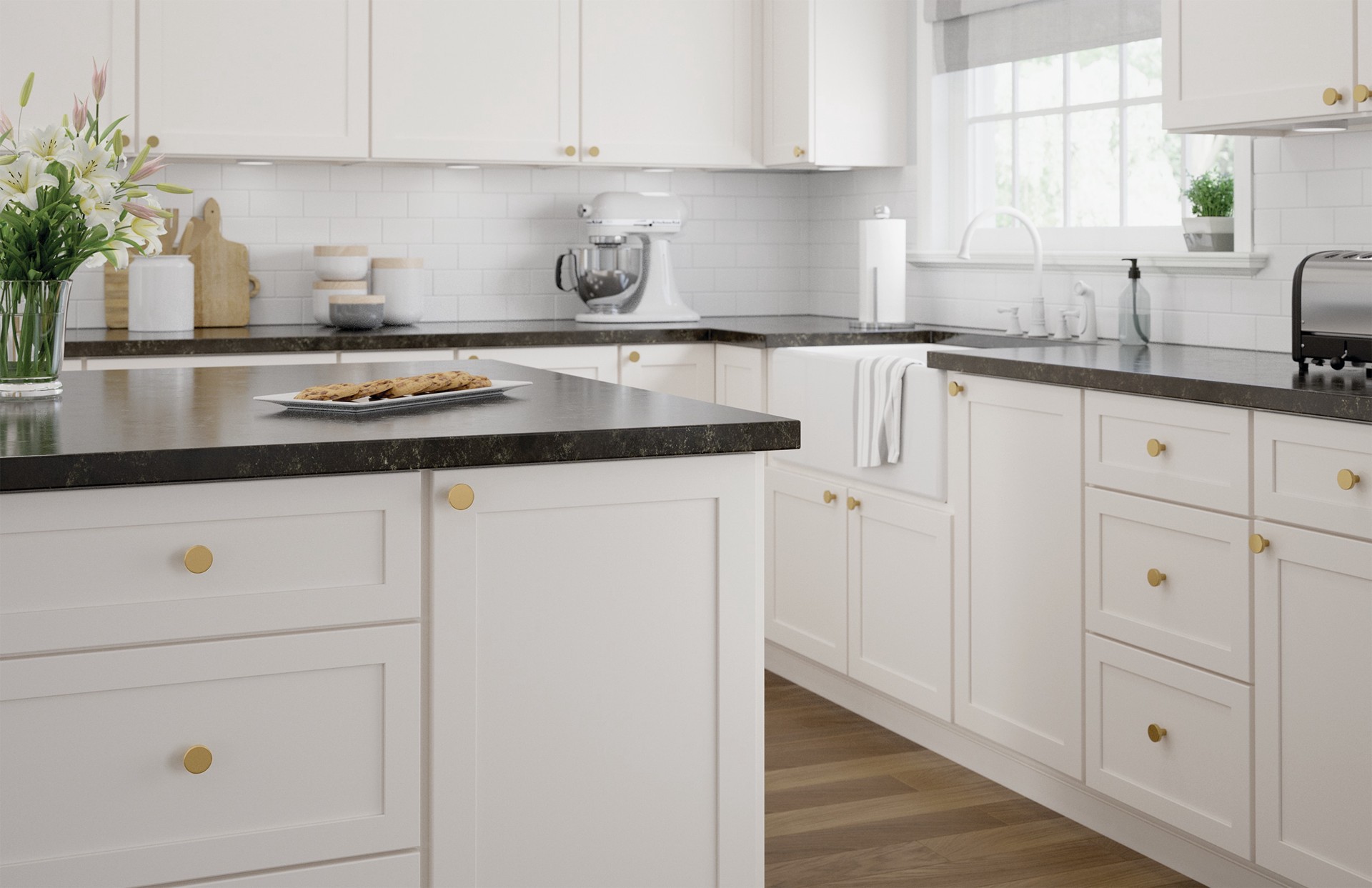 slide 5 of 6, allen + roth Lucian 1-1/4-in Brushed Brass Round Traditional Cabinet Knob, 1 ct