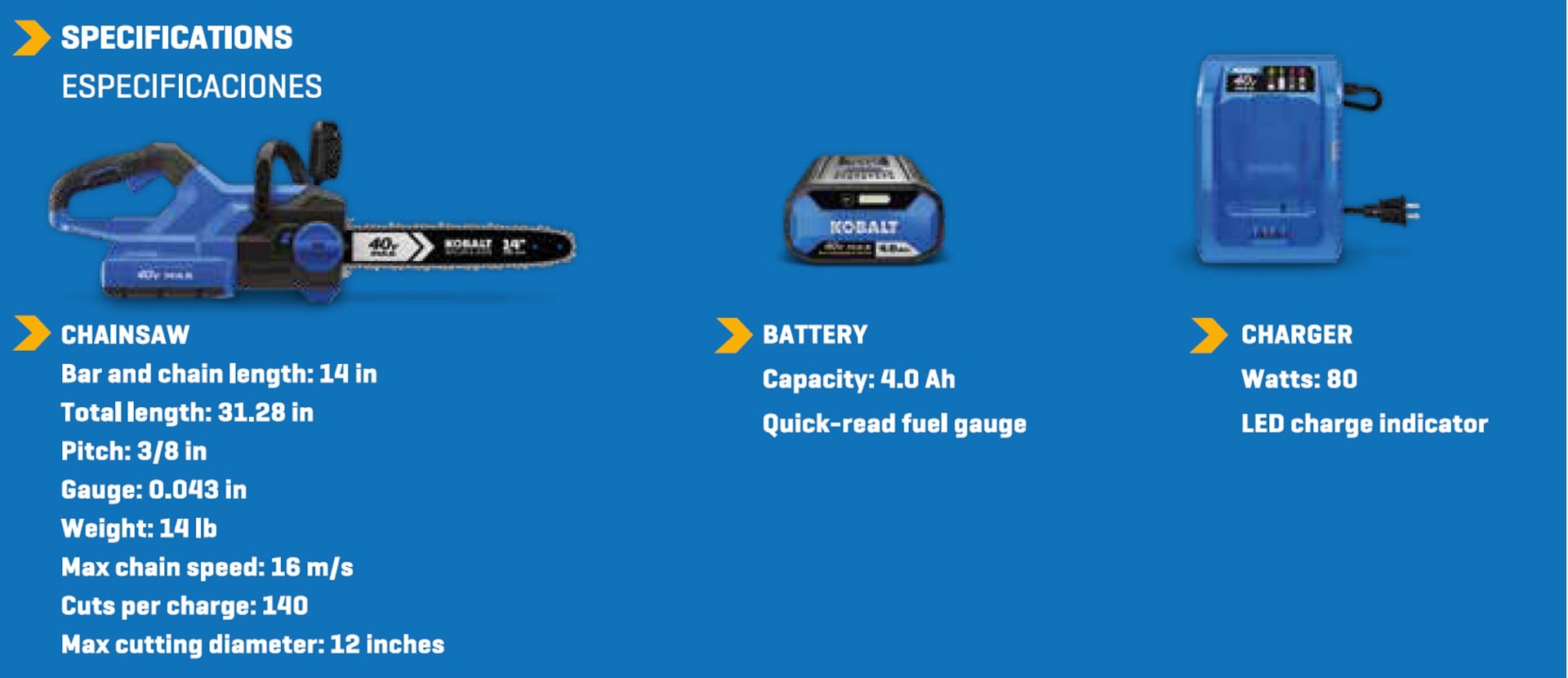 slide 4 of 6, Kobalt Gen4 40-volt 14-in Battery 4.0 Ah Chainsaw Battery Included Charger Included, 1 ct
