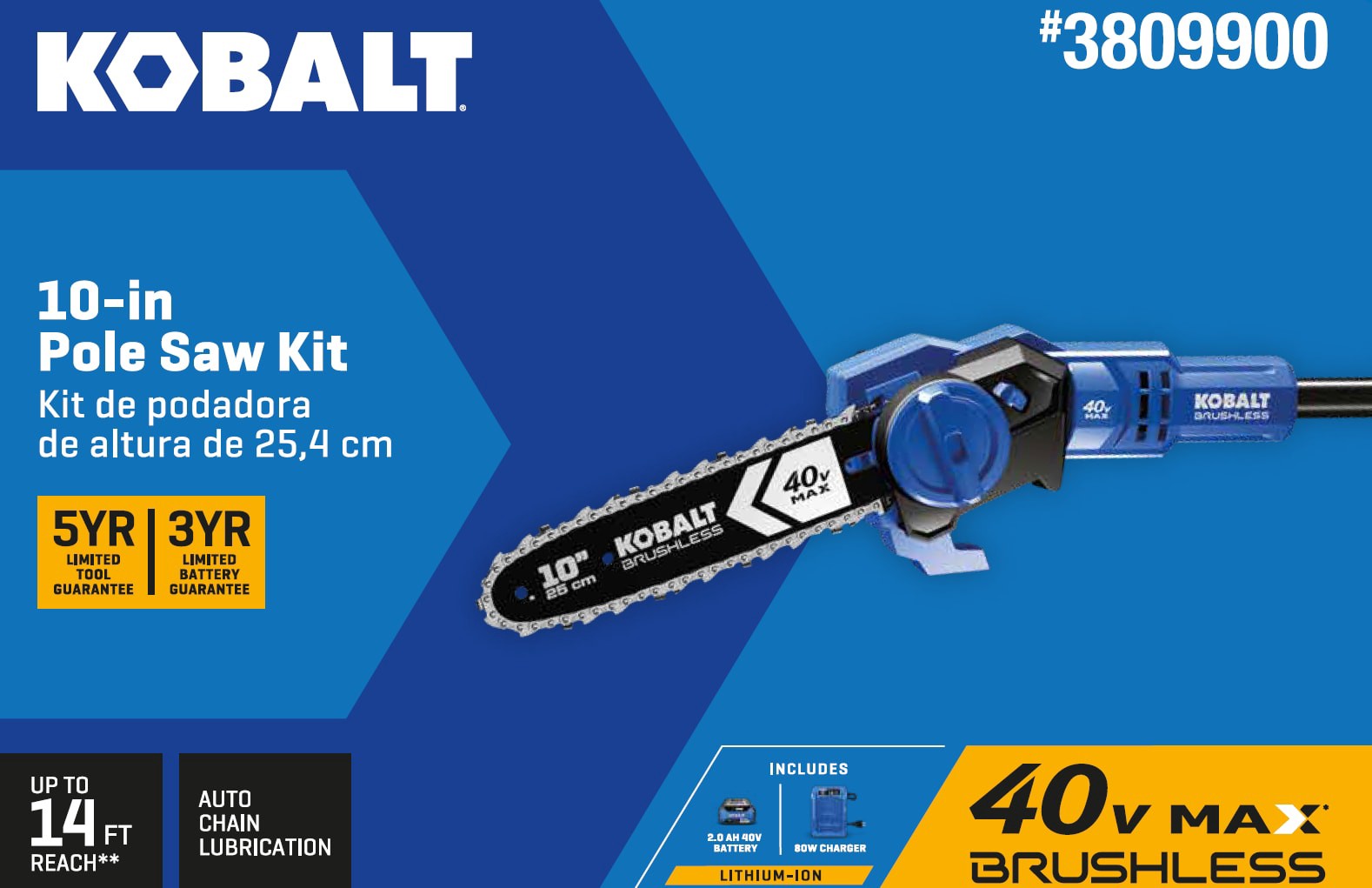 slide 4 of 6, Kobalt Gen4 40-volt 10-in 2.0 Ah Battery Pole Saw Battery Included , Charger Included, 1 ct