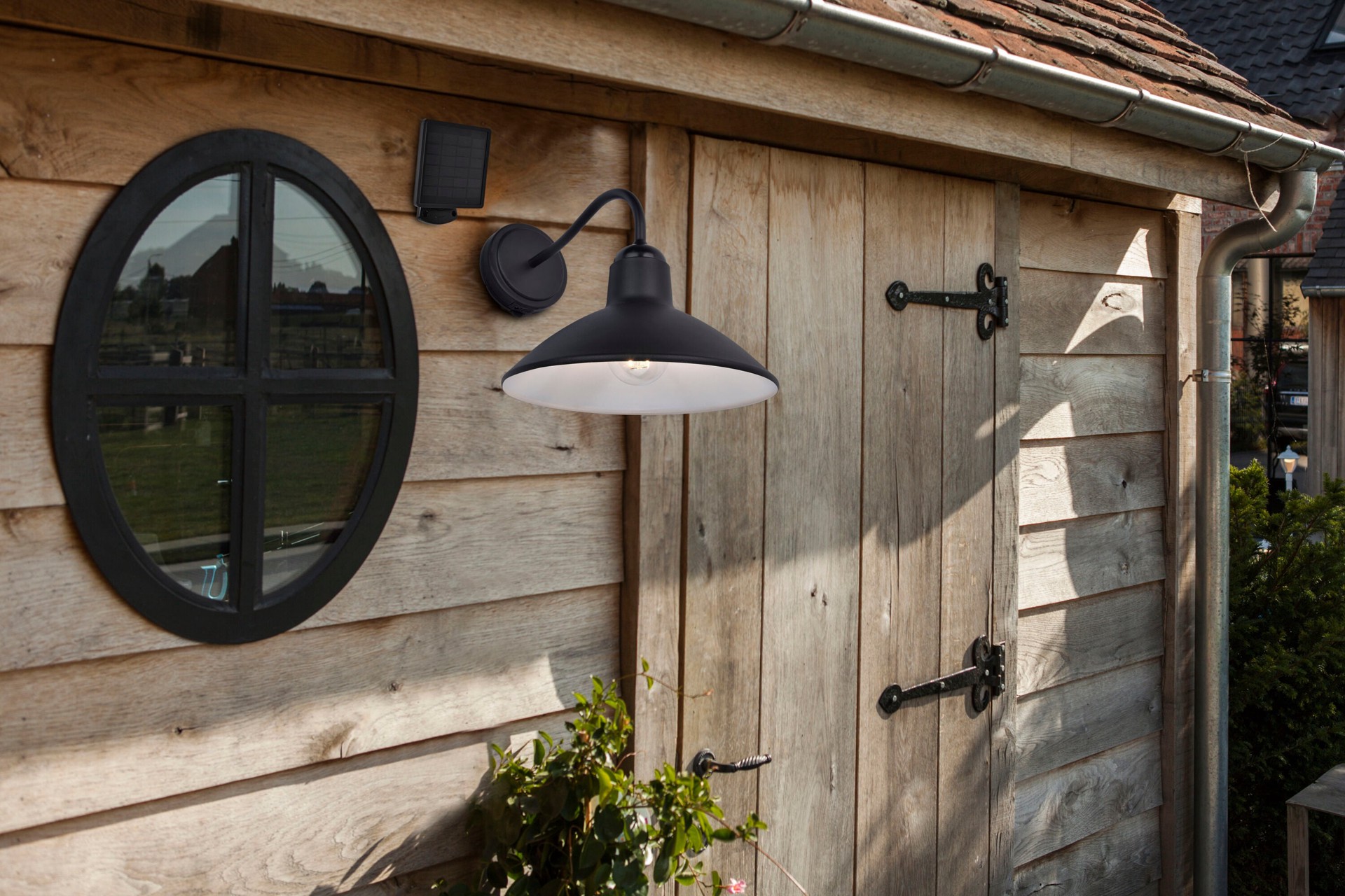 slide 1 of 2, allen + roth Barn Light 1 -Light 10.63-in H Matte Black Solar Outdoor Wall Light, 1 ct