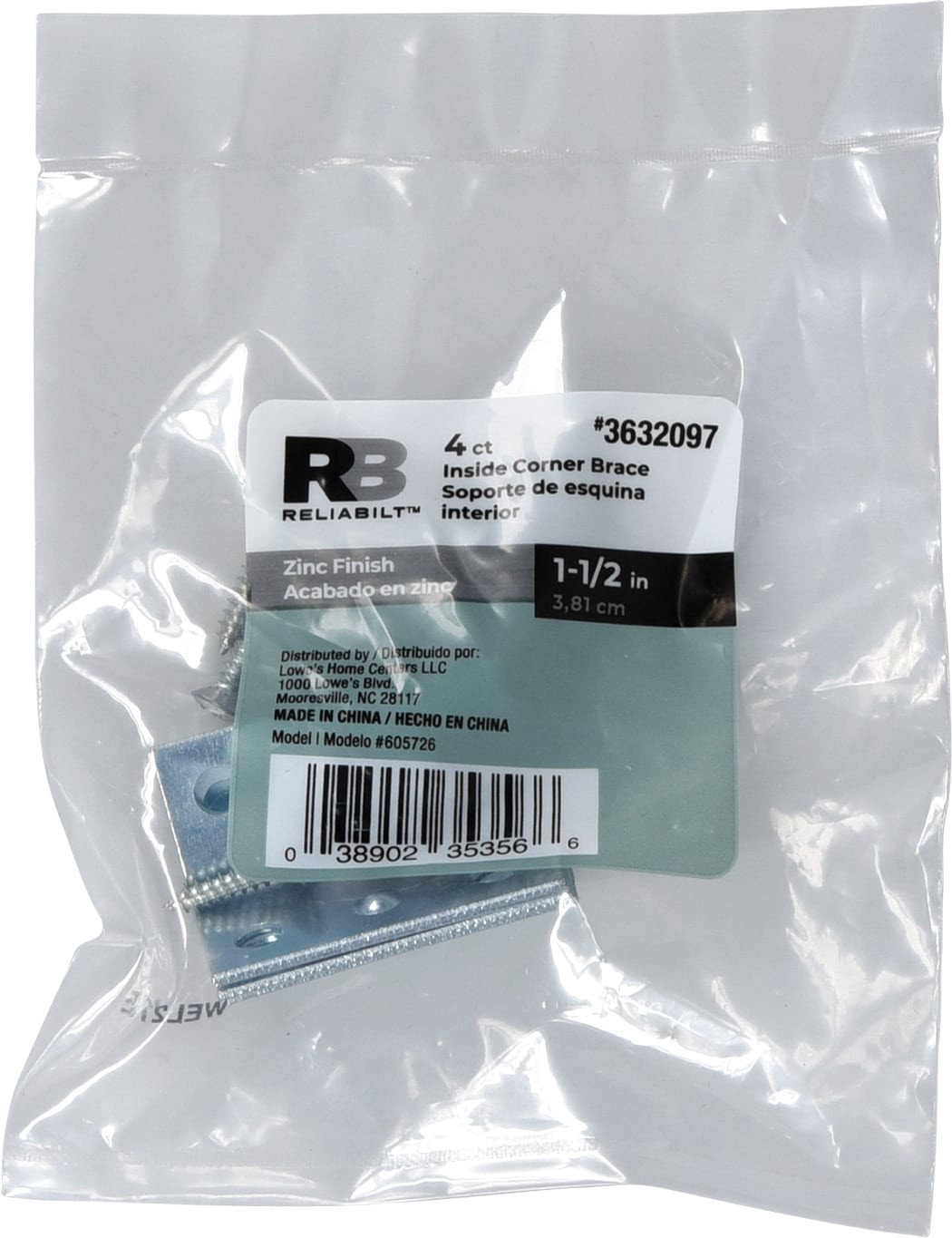 slide 3 of 6, RELIABILT 1.5-in x 0.5-in x 1.5-in Zinc-plated Steel Corner brace 4 -Pack, 1 ct