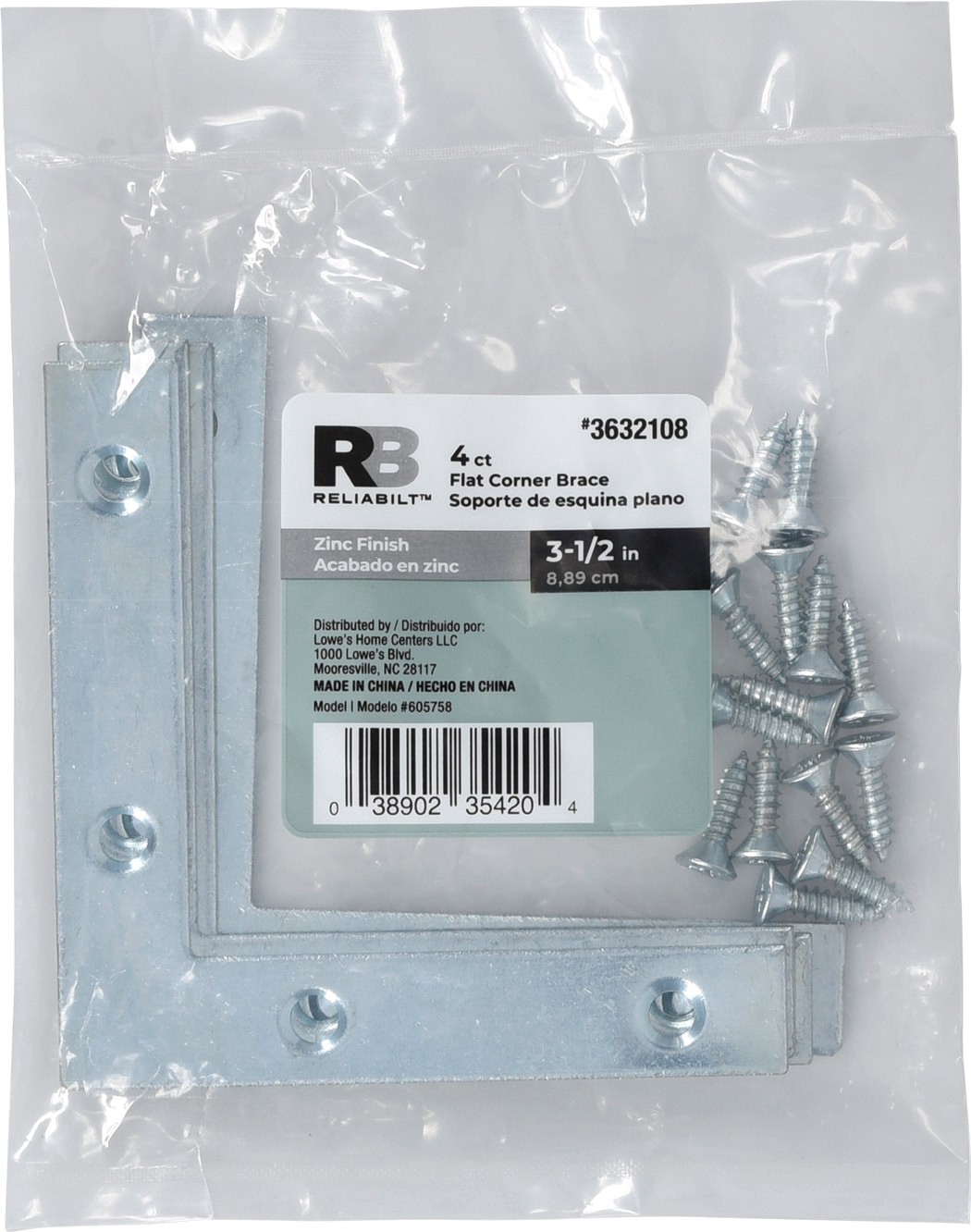slide 3 of 6, RELIABILT 3.5-in x 0.625-in x 2-in Zinc-plated Steel Corner brace 4 -Pack, 1 ct
