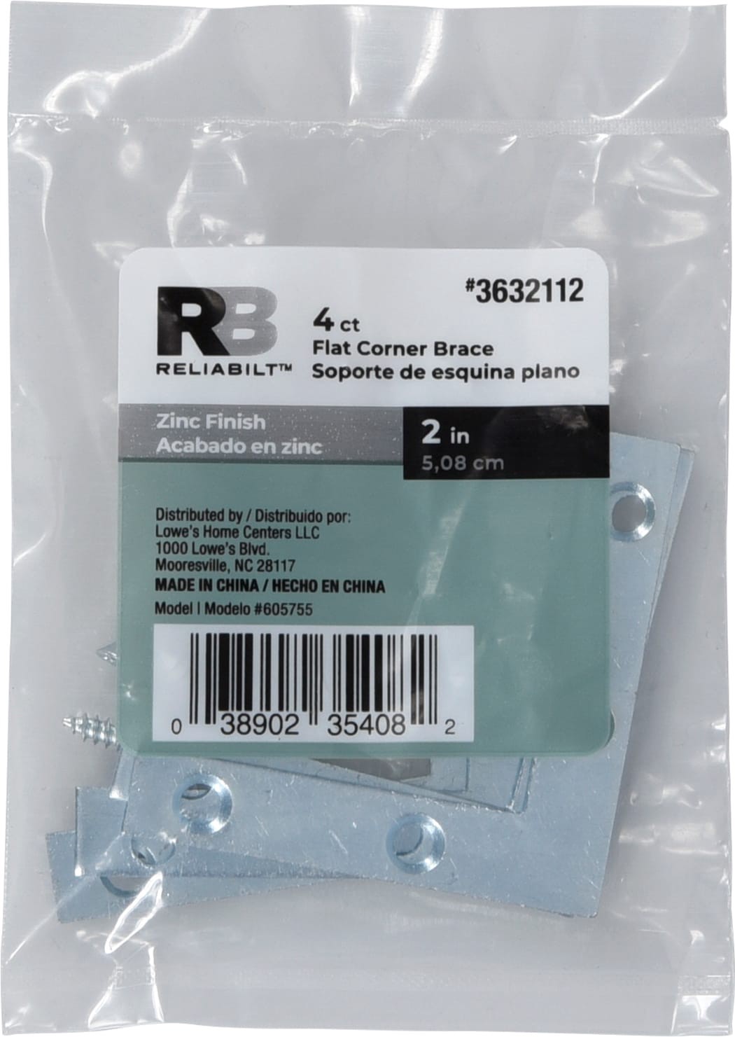 slide 3 of 6, RELIABILT 2-in x 0.625-in x 2-in Zinc-plated Steel Corner brace 4 -Pack, 1 ct