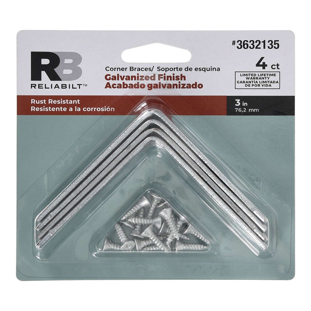 slide 2 of 5, RELIABILT 3-in x 0.75-in x 3-in Galvanized Steel Corner brace 4 -Pack, 1 ct