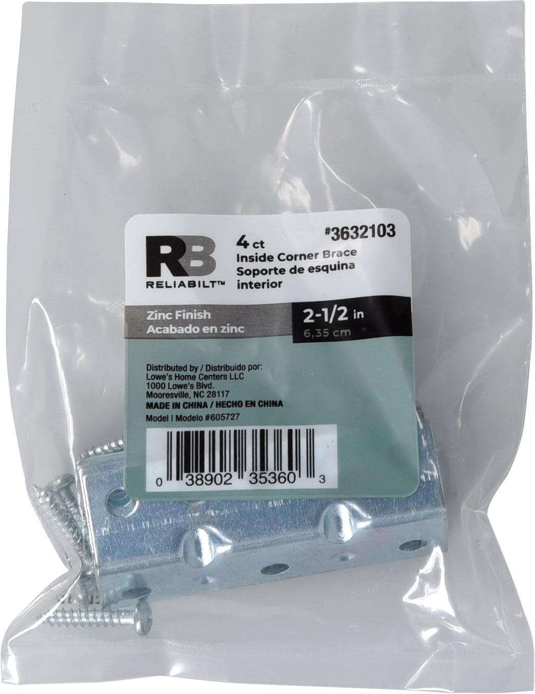 slide 3 of 6, RELIABILT 2.5-in x 0.625-in x 2.5-in Zinc-plated Steel Corner brace 4 -Pack, 1 ct