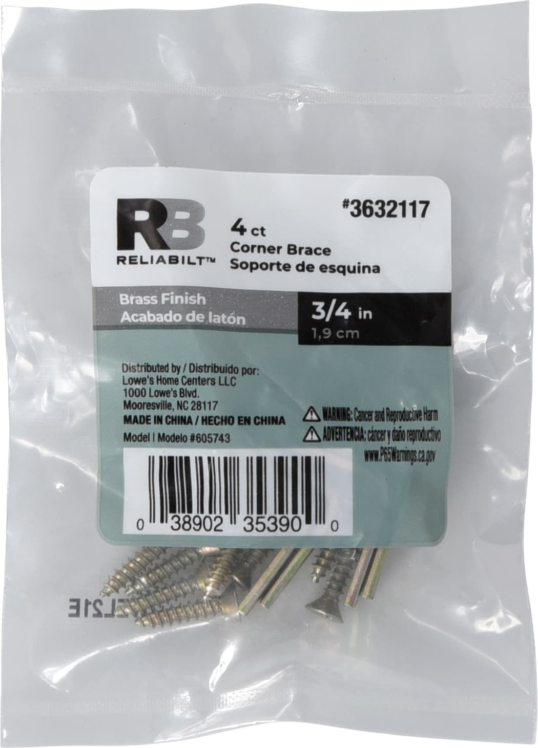 slide 3 of 6, RELIABILT 0.75-in x 0.5-in x 0.75-in Brass-plated Steel Corner brace 4 -Pack, 1 ct