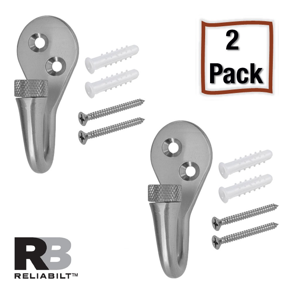 slide 1 of 6, RELIABILT 2 -Pack 1 -Hook 0.73-in x 1.47-in H Satin Nickel Decorative Wall Hook ( 30-lb Capacity), 1 ct