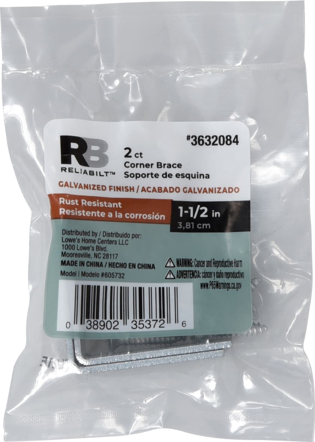 slide 3 of 6, RELIABILT 1.5-in x 0.5-in x 1.5-in 1.8 -Gauge Galvanized Steel Corner brace 2 -Pack, 1 ct