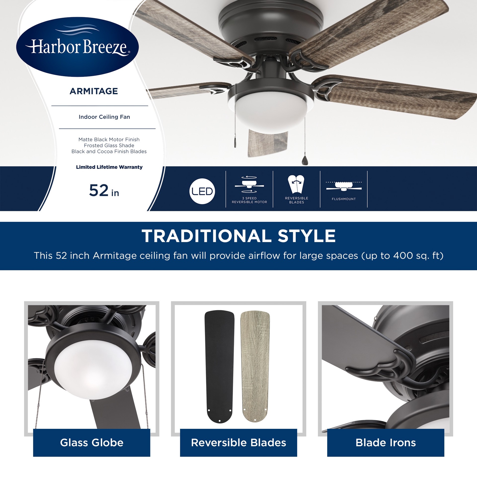 slide 5 of 6, Harbor Breeze Armitage 52-in Matte Black with Black/Cocoa Blades Flush Mount Ceiling Fan With Light 5 -Blade, 1 ct