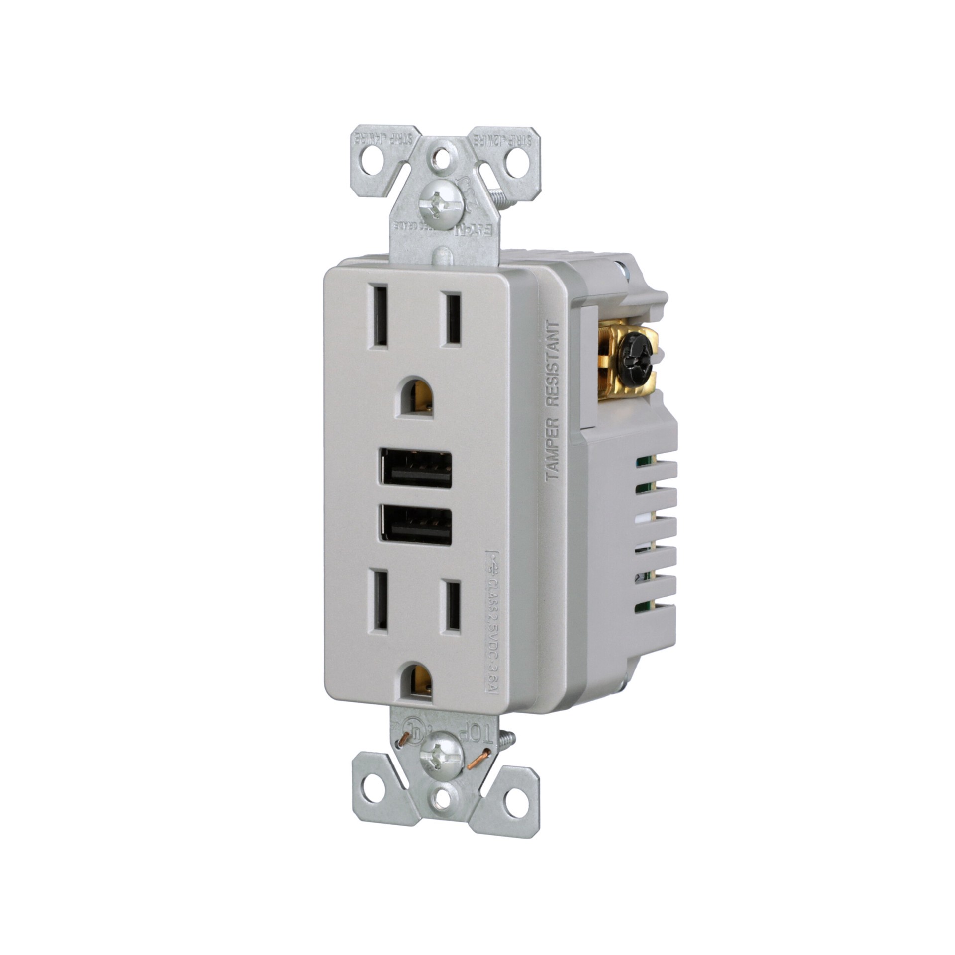 slide 2 of 6, Eaton 15 -Amp 125-volt Tamper Resistant Residential/Commercial Decorator USB outlet Dual Type A , Silver Granite, 1 ct