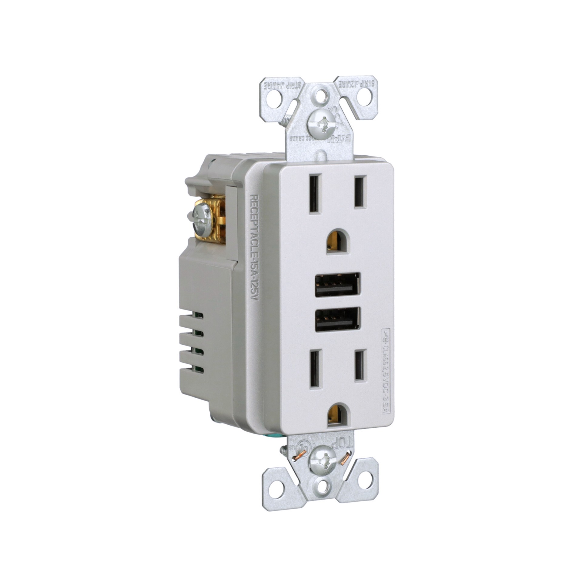 slide 6 of 6, Eaton 15 -Amp 125-volt Tamper Resistant Residential/Commercial Decorator USB outlet Dual Type A , Silver Granite, 1 ct