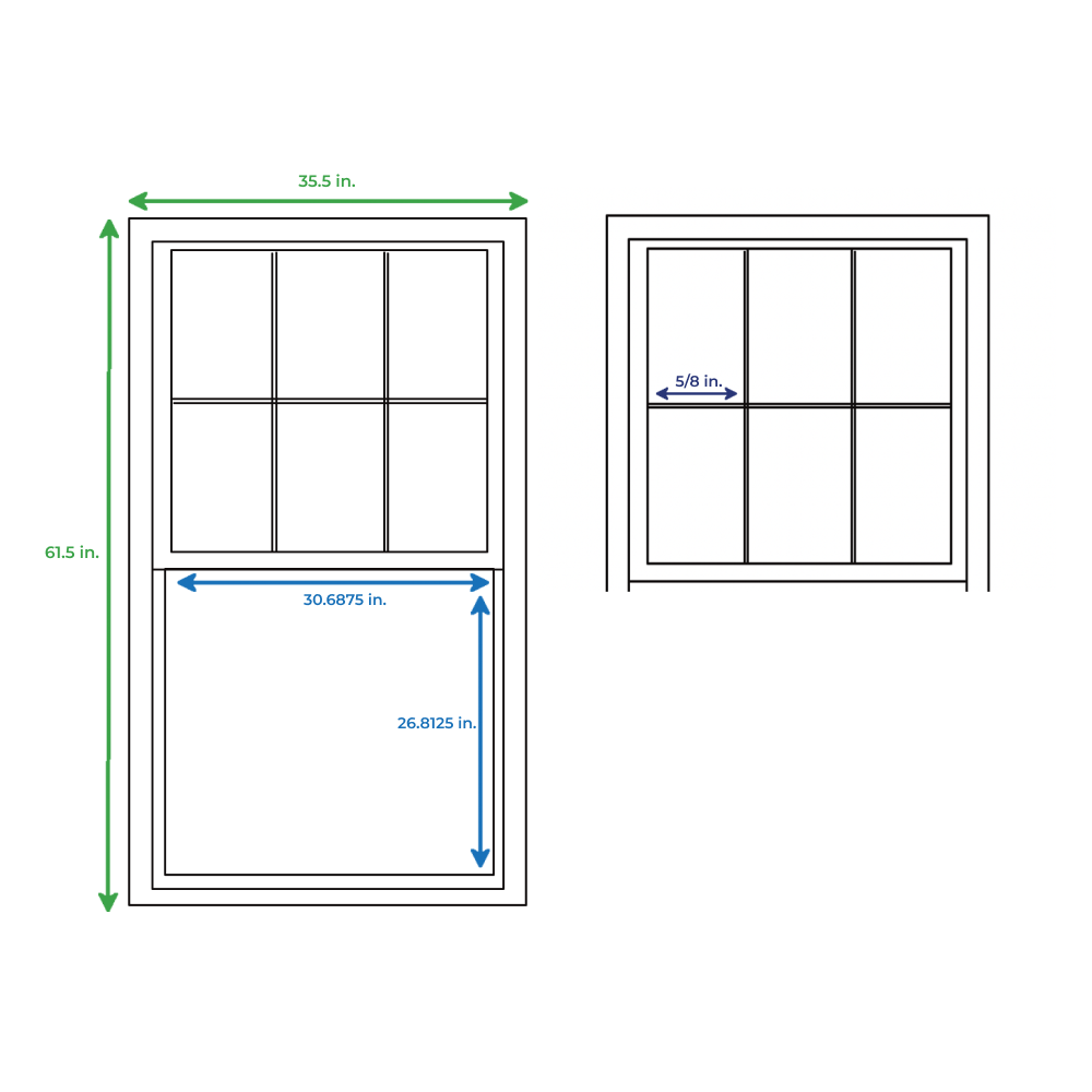 slide 3 of 6, RELIABILT 150 Series 35-1/2-in x 61-1/2-in White Exterior Vinyl New Construction Single Hung Window Low-E Double Pane Glass with Grids, (Half Screen Included), 1 ct