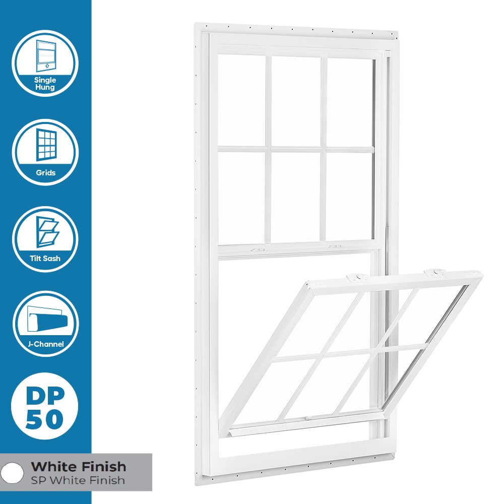 slide 3 of 6, RELIABILT 150 Series 35-1/2-in x 59-1/2-in White Exterior Vinyl New Construction Single Hung Window Low-E Double Pane Glass with Grids, (Half Screen Included), 1 ct