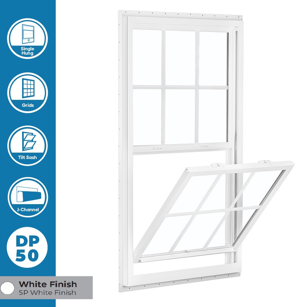 slide 4 of 6, RELIABILT 150 Series 31-1/2-in x 53-1/2-in White Exterior Vinyl New Construction Single Hung Window Low-E Double Pane Glass with Grids, (Half Screen Included), 1 ct
