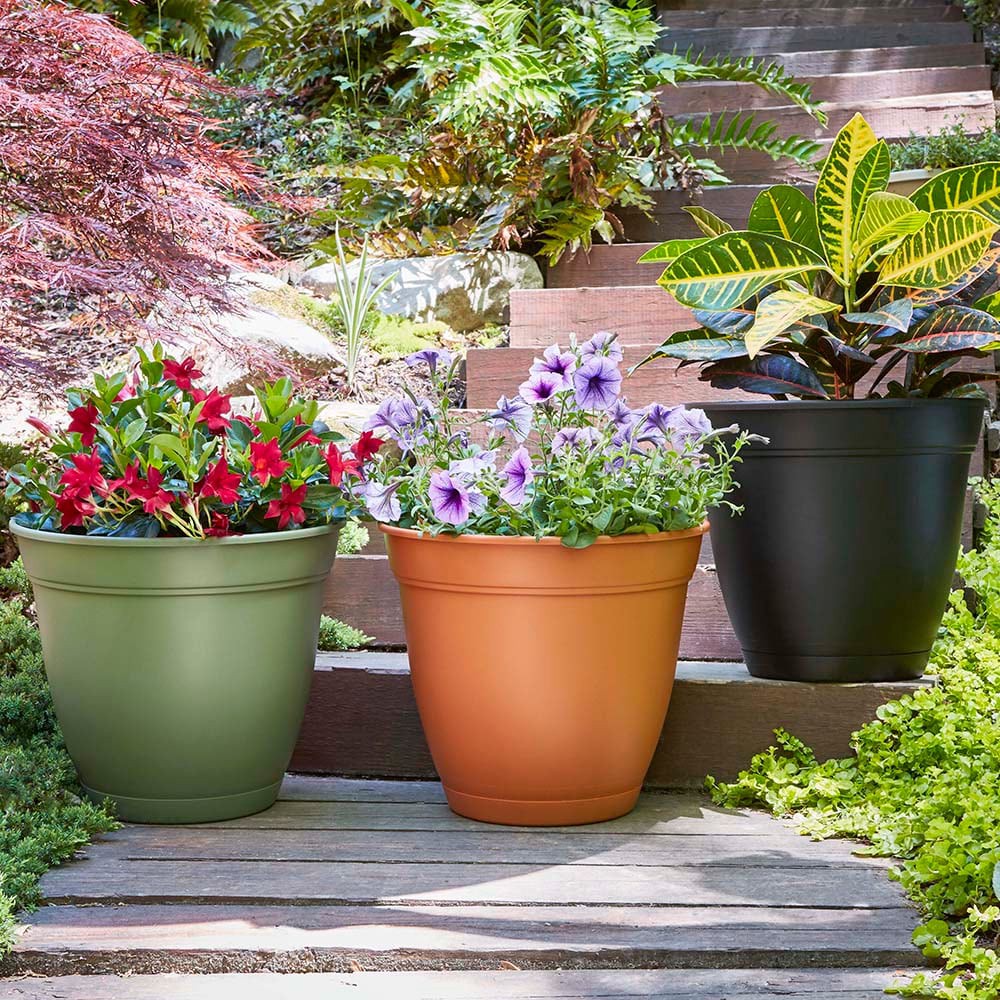 slide 5 of 6, Style Selections Round 20.0-in W x 16.75-in H x 20-in D Orange Plastic Indoor/Outdoor Planter, 1 ct
