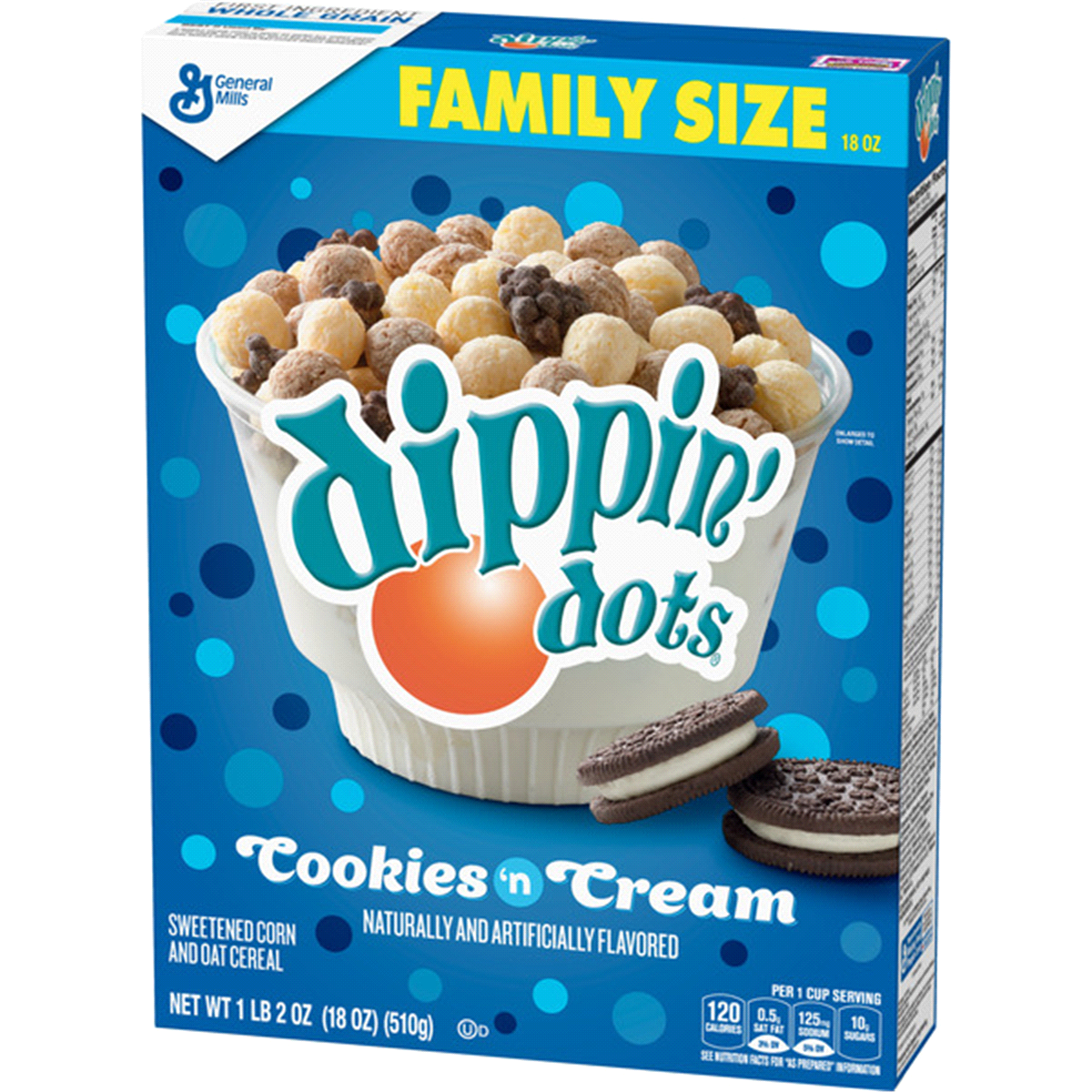 slide 2 of 6, General Mills Dippin Dots Cookies & Cream Flavored Cereal Family Size, 18 oz Box, 18 oz