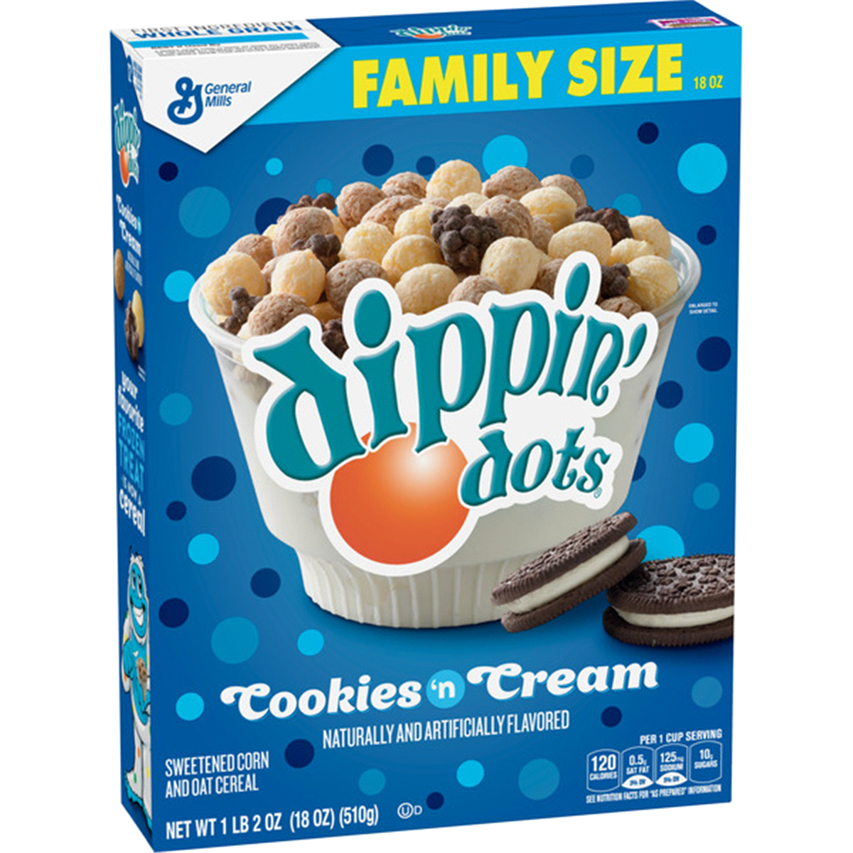 slide 3 of 6, General Mills Dippin Dots Cookies & Cream Flavored Cereal Family Size, 18 oz Box, 18 oz