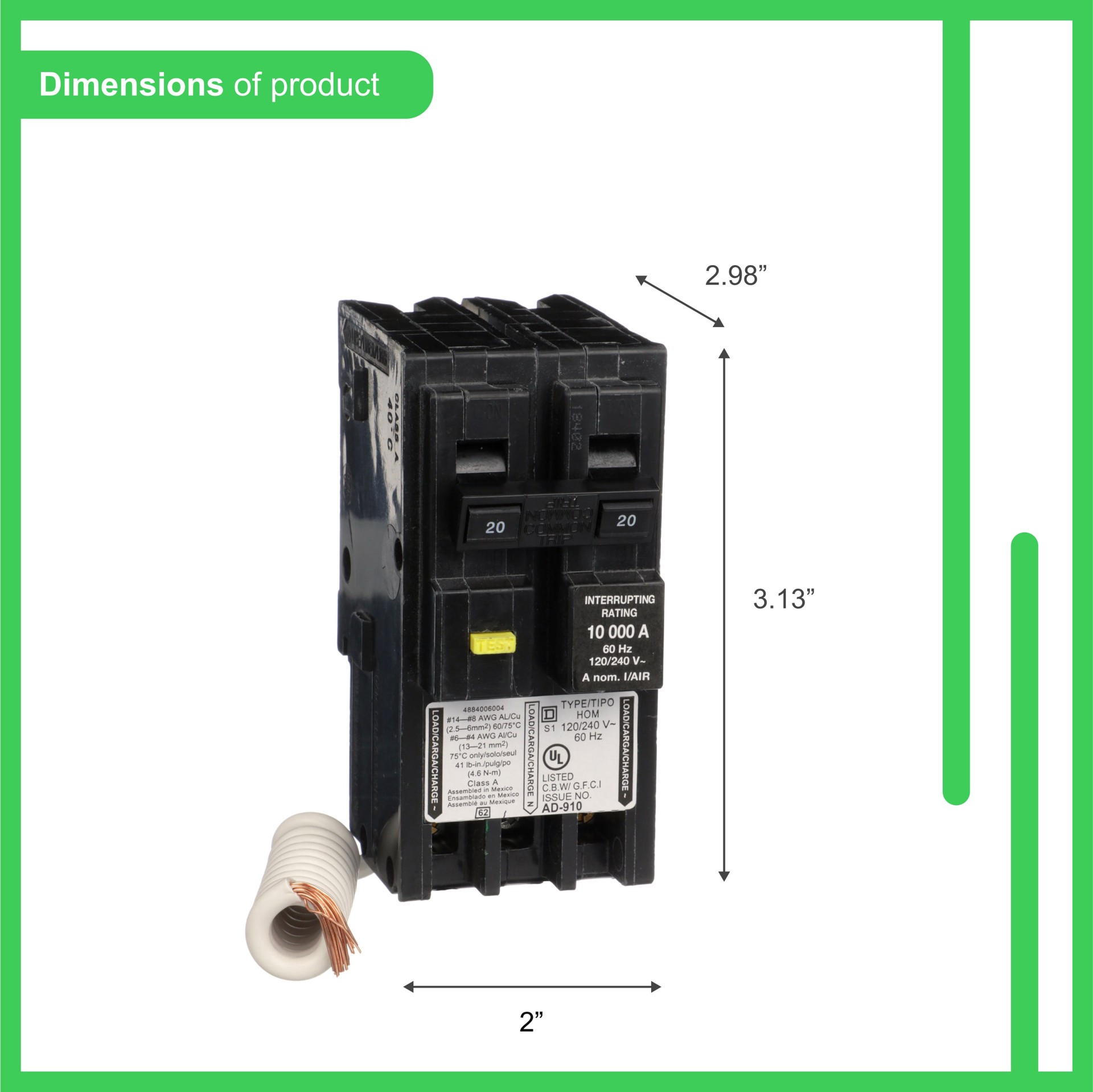 slide 3 of 6, Square D Homeline 20-amp 2 -Pole GFCI Circuit Breaker, 1 ct