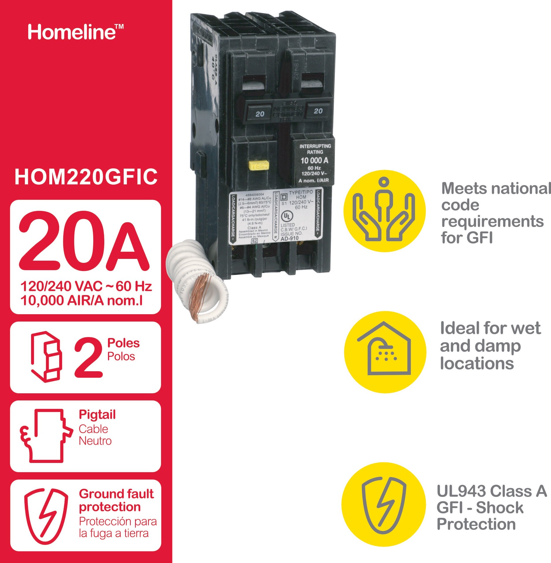 slide 5 of 6, Square D Homeline 20-amp 2 -Pole GFCI Circuit Breaker, 1 ct