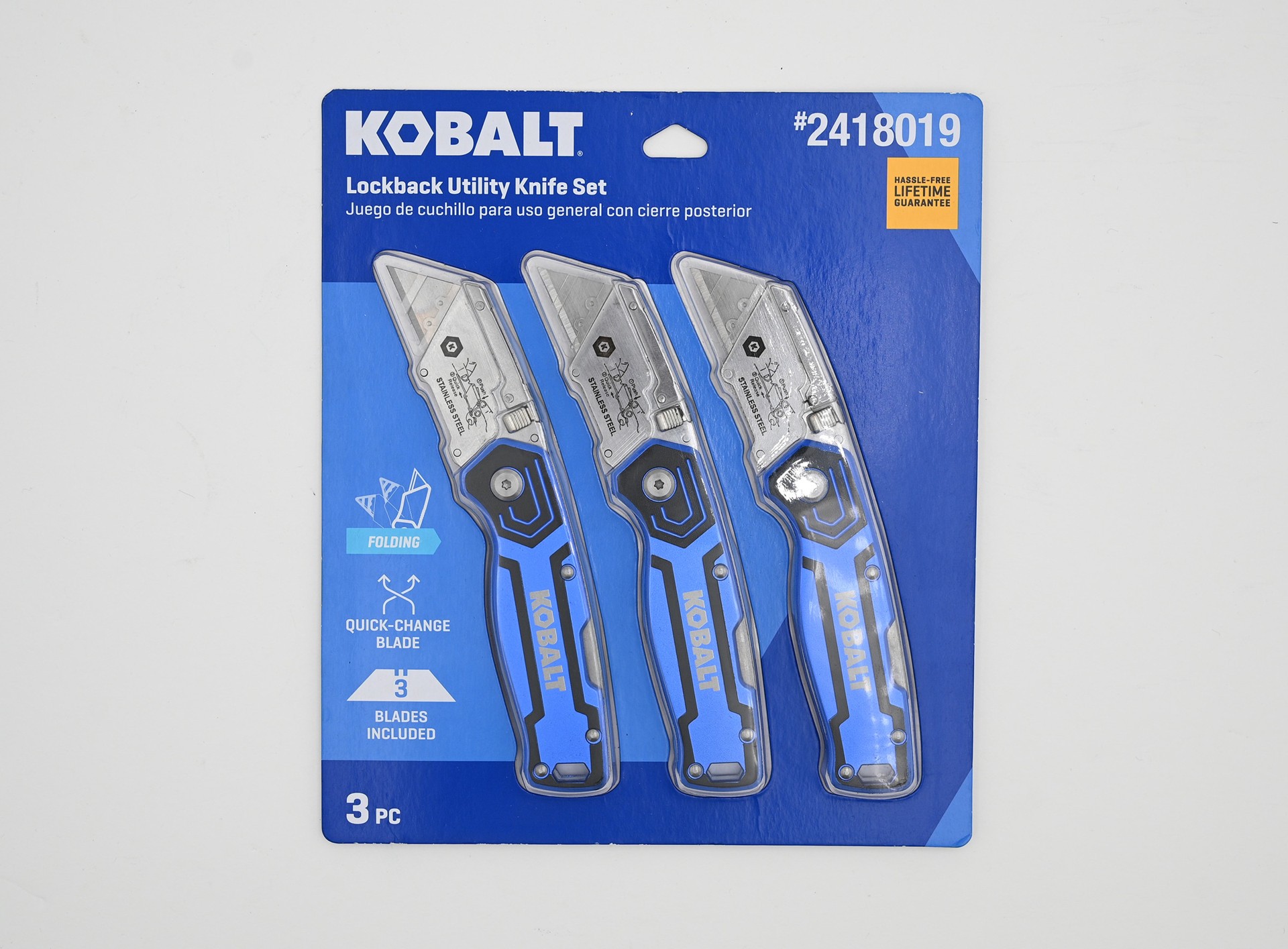 slide 3 of 6, Kobalt Blue 3pk Lockback 3/4-in 3 -Blade Folding Utility Knife, 1 ct